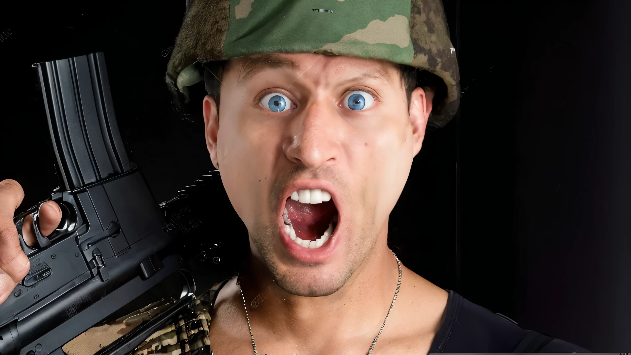 man in a military hat holding a gun and a rifle, he is screaming, rugged soldier, military soldier behavior, man in a military hat holding a gun and a rifle shouting with open eyes, very angry, extreme expression, blue eyes, realistic image, 16k resolution, very detailed
