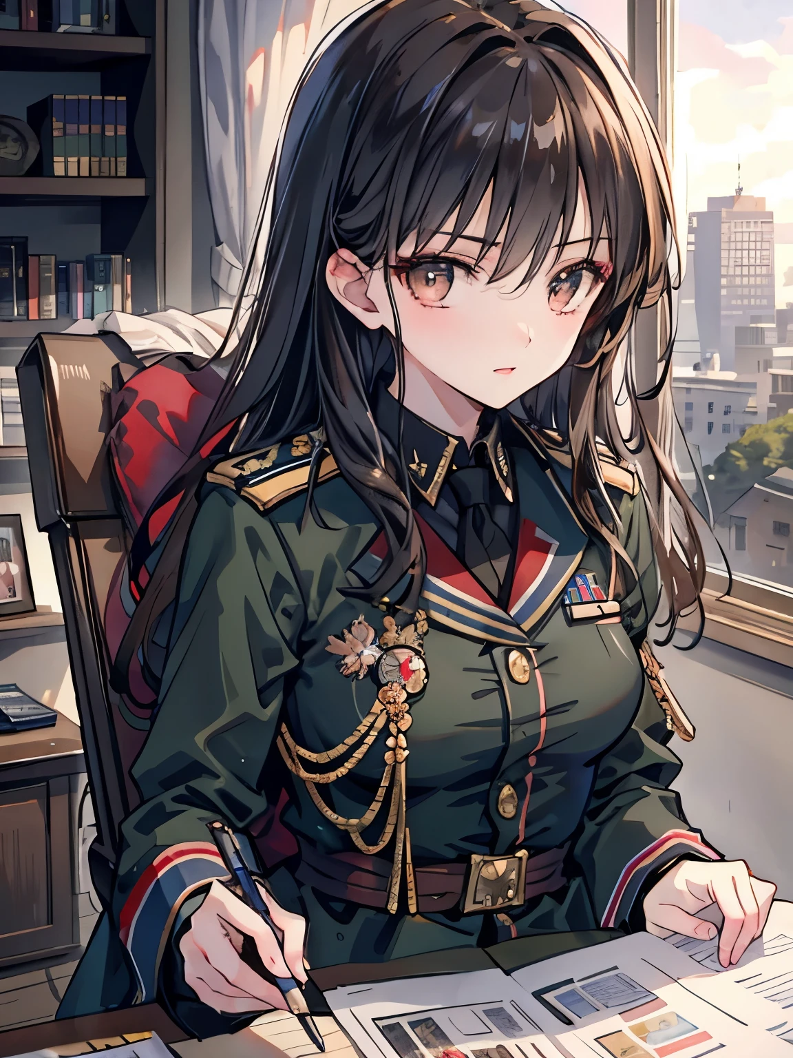 (masterpiece:1.2, highest quality), 1 female, Yoru, alone, photorealistic, SF film, SF, SF, war, Upper body, small breasts, focus on face, realistic, pastel drawing, powerful, intellectual, sensual, fine eyes (intimidating look, brown eyes) very detailed, long black hair, best CG, (wearing German red 2 world war general uniform), army, Area Force, Military greatness,