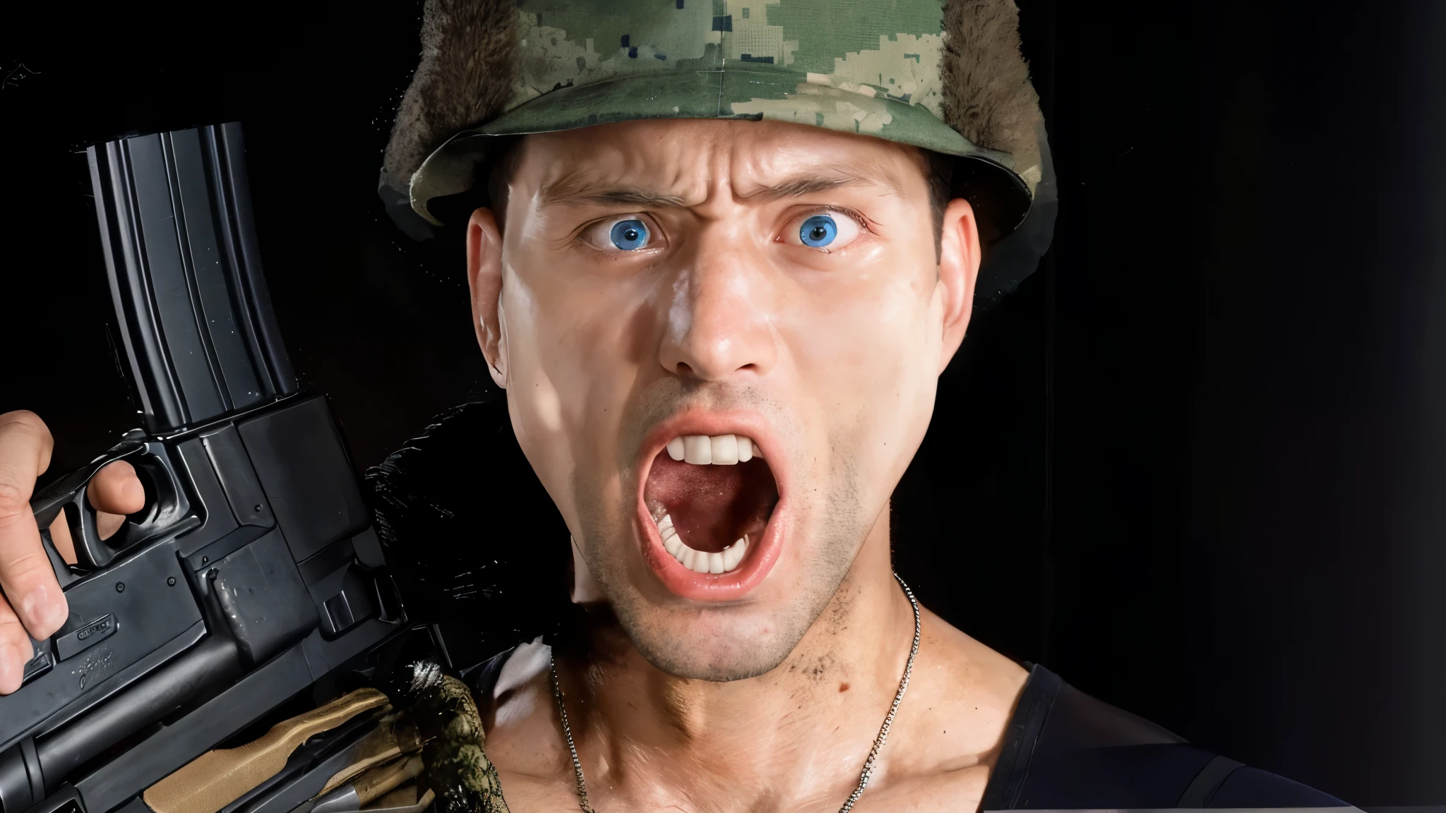 man in a military hat holding a gun and a rifle, he is screaming, rugged soldier, military soldier behavior, man in a military hat holding a gun and a rifle shouting with open eyes, very angry, extreme expression, blue eyes, realistic image, 16k resolution, very detailed