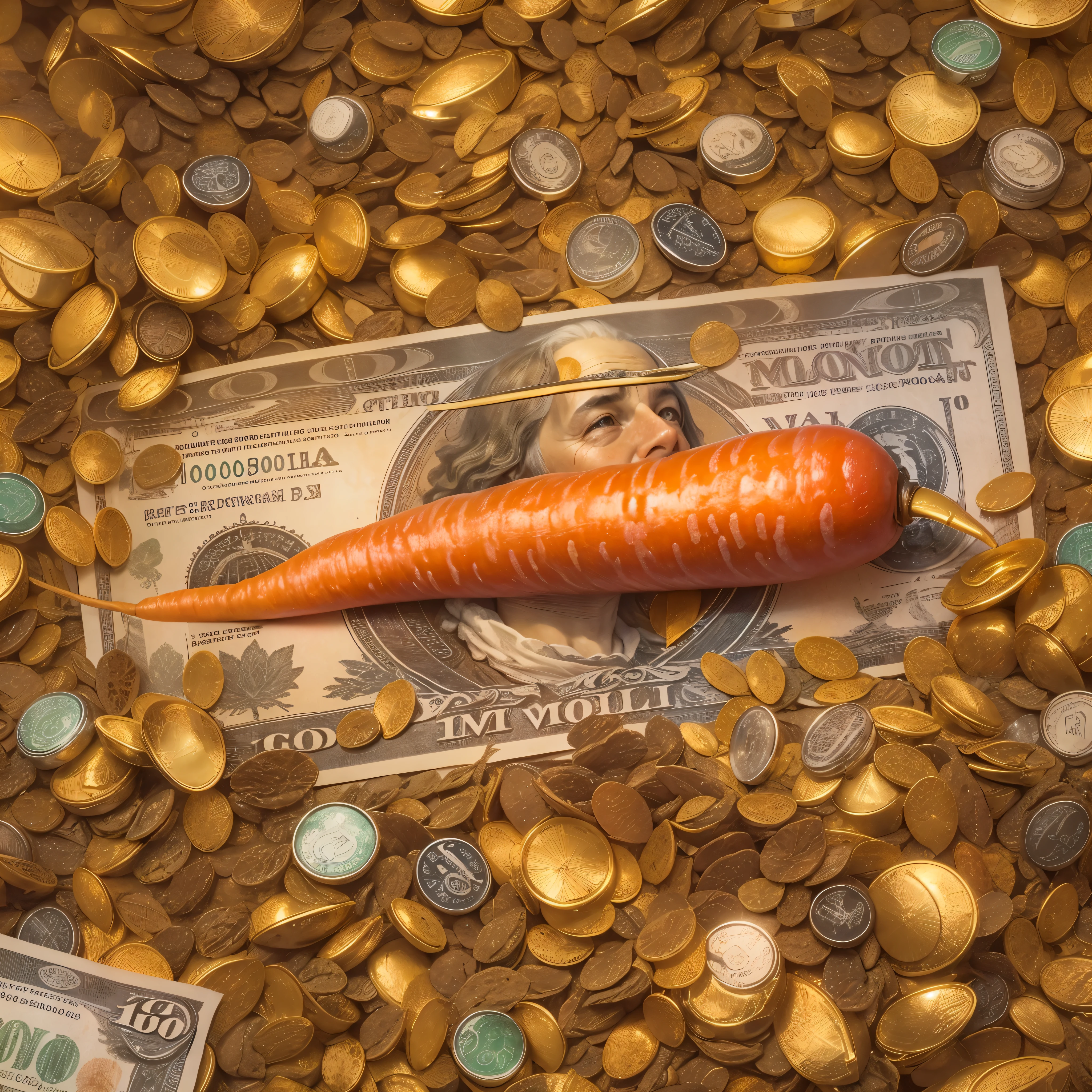 Uma imagem fotorrealista de uma cenoura com casca dourada, cercada de pepitas de ouro, ouros, hundred dollar bills and precious stones, palheta de cores vibrantes, multicoloridas, imagem de fundo cor de ouro, the plantation is inside a large gold mine, include the highlighted text at the top of the image “MY COST IS THE WEIGHT OF GOLD” in capital letters, cores vermelho