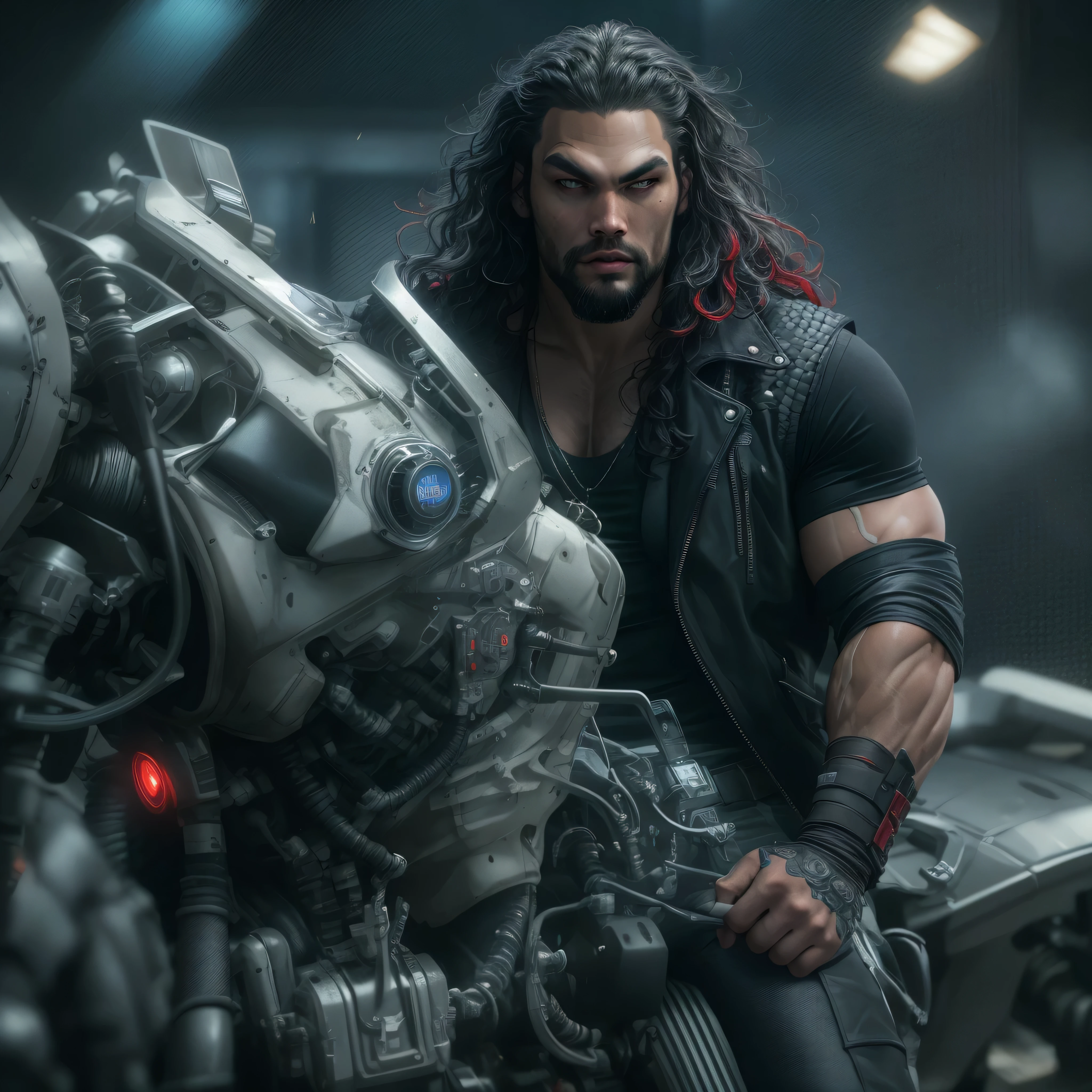 Full body image, a photo of Jason Momoa as Lobo from DC comics, muscular, ((((ghostly pale skin)))), (((red eyes))), sleeveless black biker vest, riding star wars hoverbike, Intricate, High Detail, Sharp focus, dramatic, photorealistic digital art, photo-realistic, octane render, unreal engine, ultra-realistic