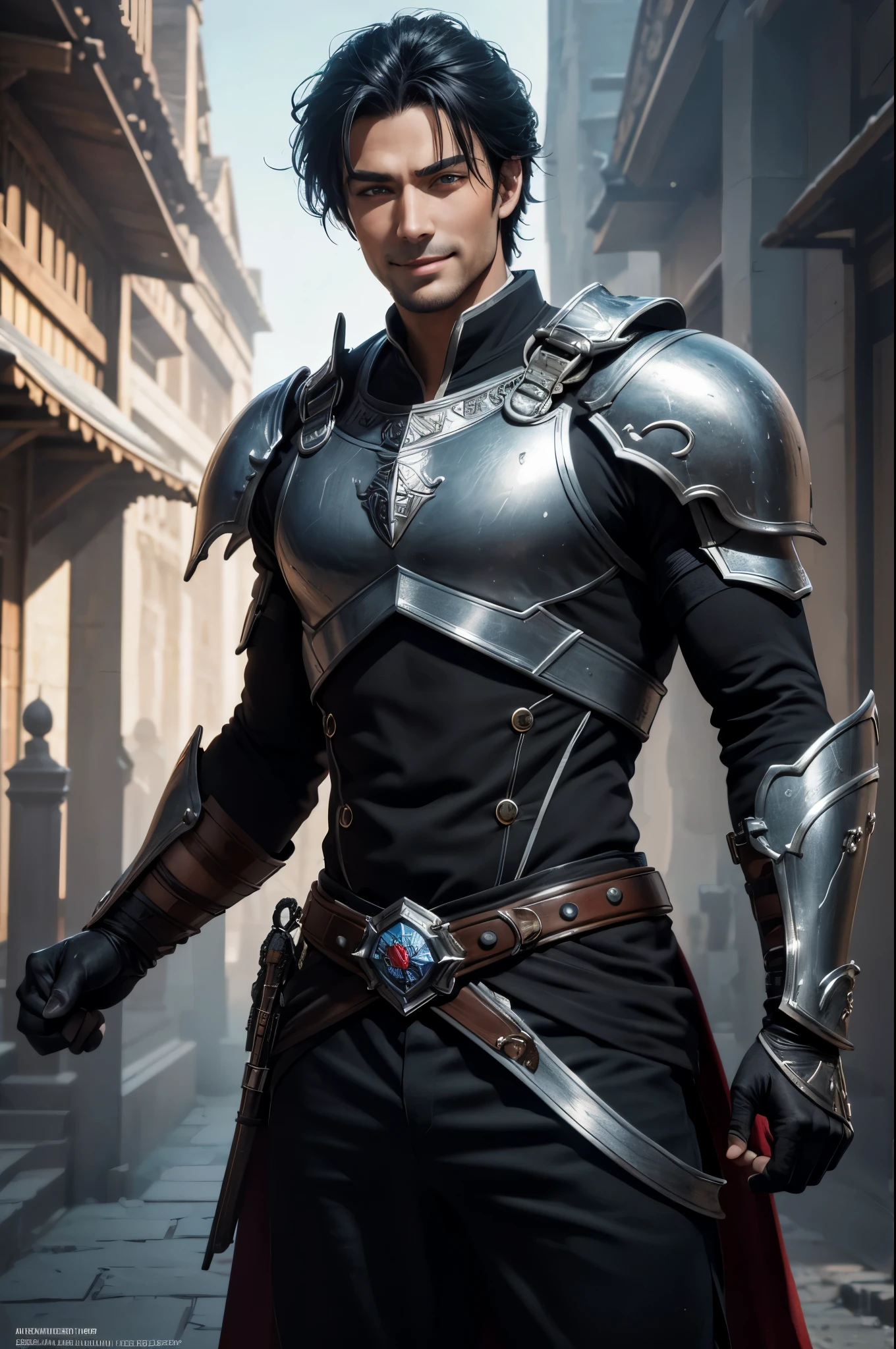 8K,Photoreal,RAW photo(highest quality;1.4) ,(1 adult male),super handsome(lifelike face),black hair medium long,handsome prince with blue eyes,black and brown combat uniform,black and silver pants,Equipped with a long and large sword on his waist,Wearing black leather gloves,Remains,Comical poses,Gwaitz Style,realistic,exact details,unreal engine,beautiful expression,Details of each part,ultra high resolution.超realistic,Charm,foot armor,skin that looks real,fantasy emperor.ultra high resolution,Super realistic,fantasy art,character art,wilderness,toothy smile,muscular and well-trained body,masterpiece,highest qualityのフォトリアリスティックなRAW photo。bright colors,rich colors, Backlight, cinematic lighting, film grain, to be born, 50mm lens, Nikon D850,fantasy art,character art,ultra high resolution,realistic scale skin,Macho with muscular slender body,Violent and strongly cracked abdominal muscles,