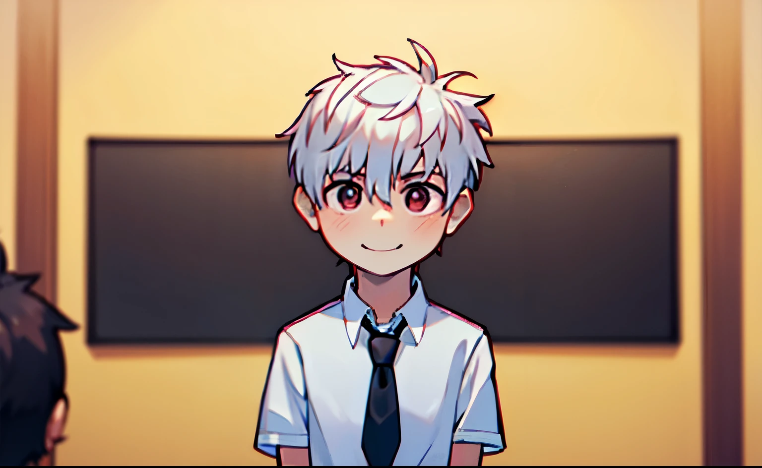 boy, asian boy, ((white)) hair, ((pink)) eyes, White shirt, ((black)) tie, cunning smile, (masterpiece), (4k), ((full hd)),