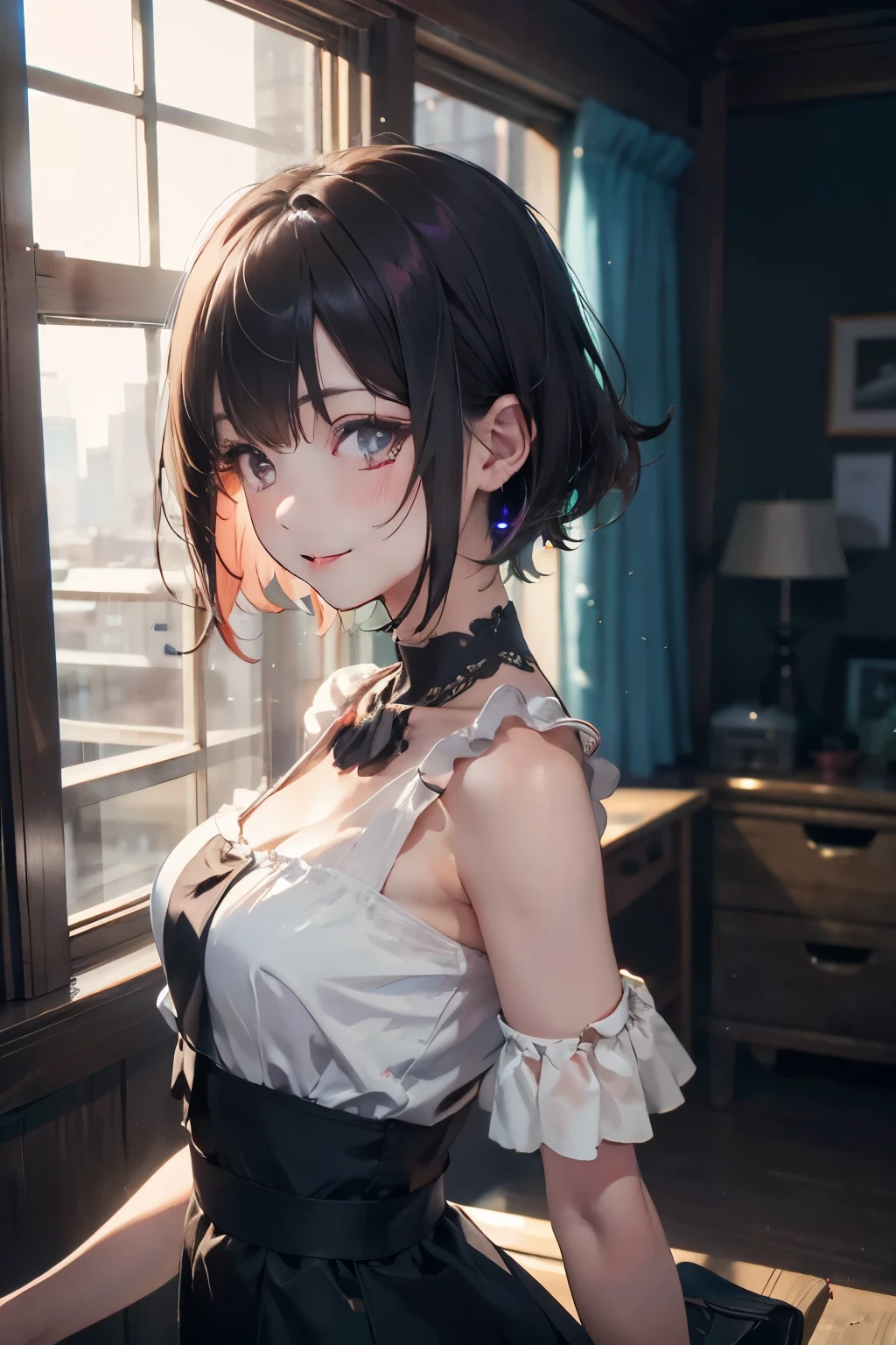 a 20 yo woman、Brown hair、Bery short hair、Big smile、Purple long dress(hi-top fade:1.3)、dark themed、Muted Tones、Subdued Color、highly contrast、(natural skin textures、Hyper-Realism、Soft light、sharp) {{{{masutepiece}}}}, {{{Hyper Detailed}}}, {{{hight resolution}}}, {{Good }}, (((Best Quality))), ((extremely delicate and beautiful)), {{an extremely detailed and delicate}}, {8k cg wallpaper}, {{Illustration}}, (greyscale with colored background:1), White and black background,  (chromatic abberation:1.2), Upper body,  maturefemale, (1girl in:1), Solo, 花魁, (komono:1.2), ,  hiten1,Gears in the background，