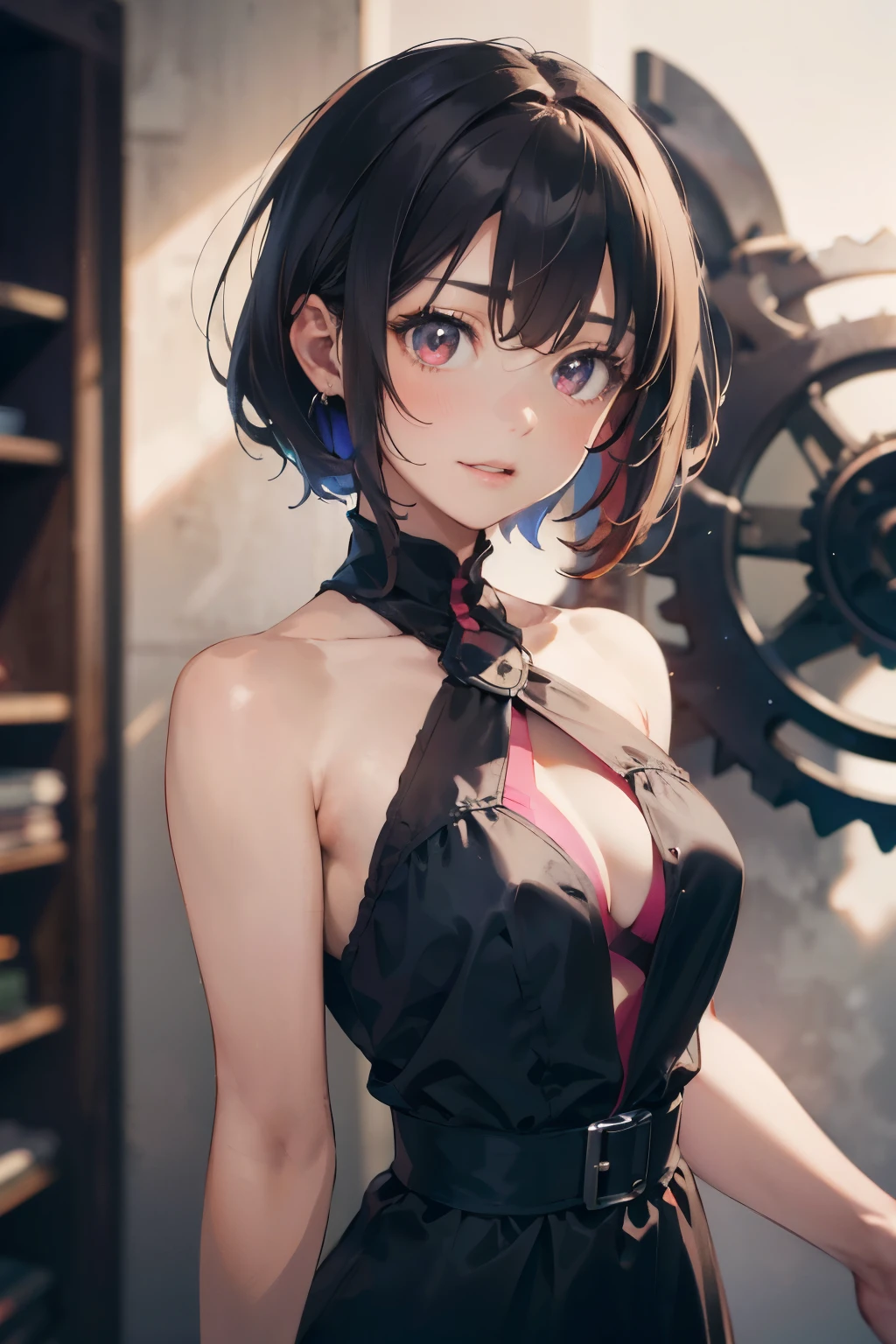 a 20 yo woman、Brown hair、Bery short hair、Big smile、Purple long dress(hi-top fade:1.3)、dark themed、Muted Tones、Subdued Color、highly contrast、(natural skin textures、Hyper-Realism、Soft light、sharp) {{{{masutepiece}}}}, {{{Hyper Detailed}}}, {{{hight resolution}}}, {{Good anatomy}}, (((Best Quality))), ((extremely delicate and beautiful)), {{an extremely detailed and delicate}}, {8k cg wallpaper}, {{Illustration}}, (greyscale with colored background:1), White and black background, (chromatic abberation:1.2), Upper body, maturefemale, (1girl in:1), Solo, 花魁, (komono:1.2), medium breasts, hiten1,Gears in the background,