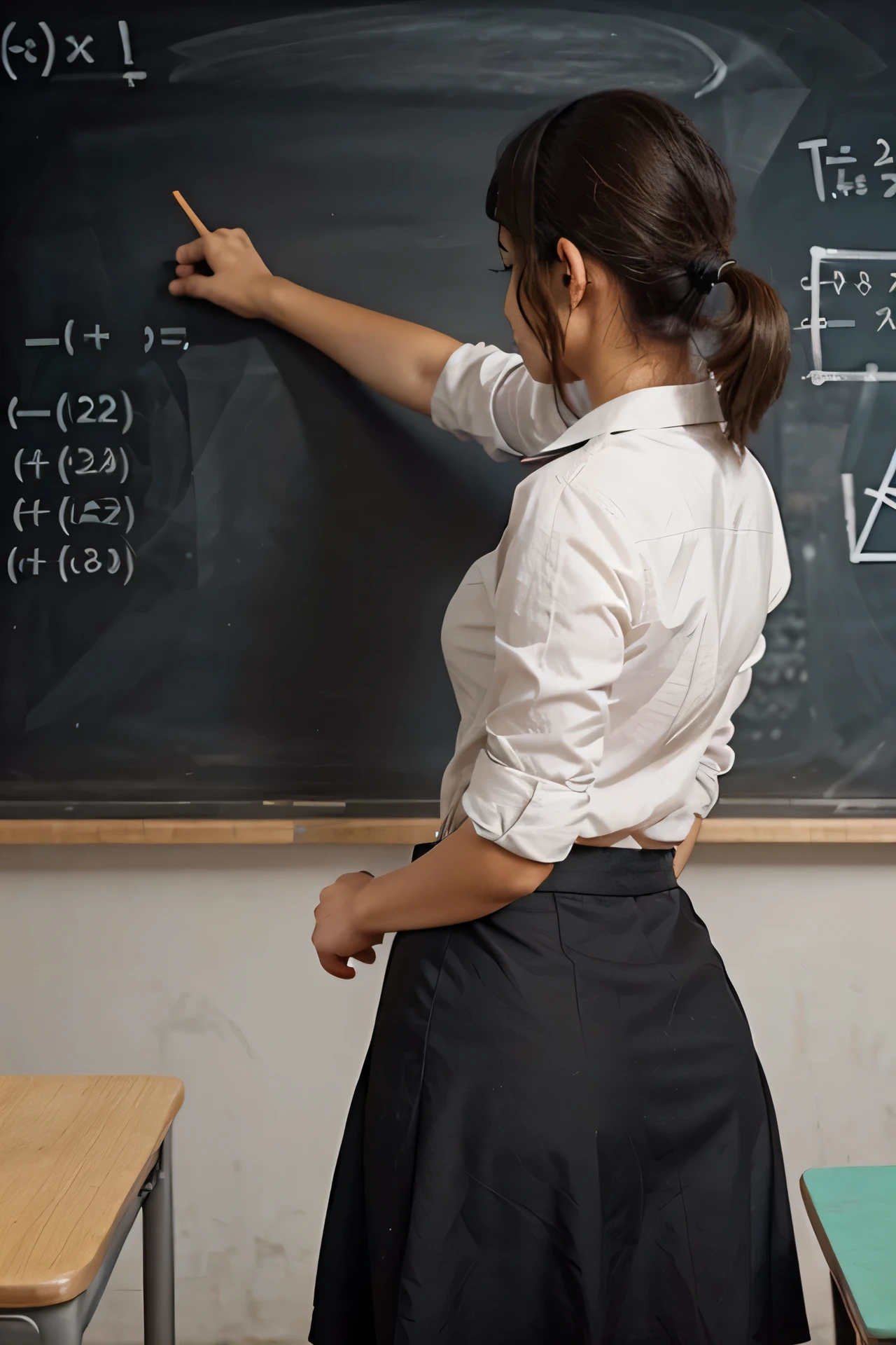 A teacher giving mathematics classes at the blackboard and seen from behind. He should be close and write on the board with his right hand..