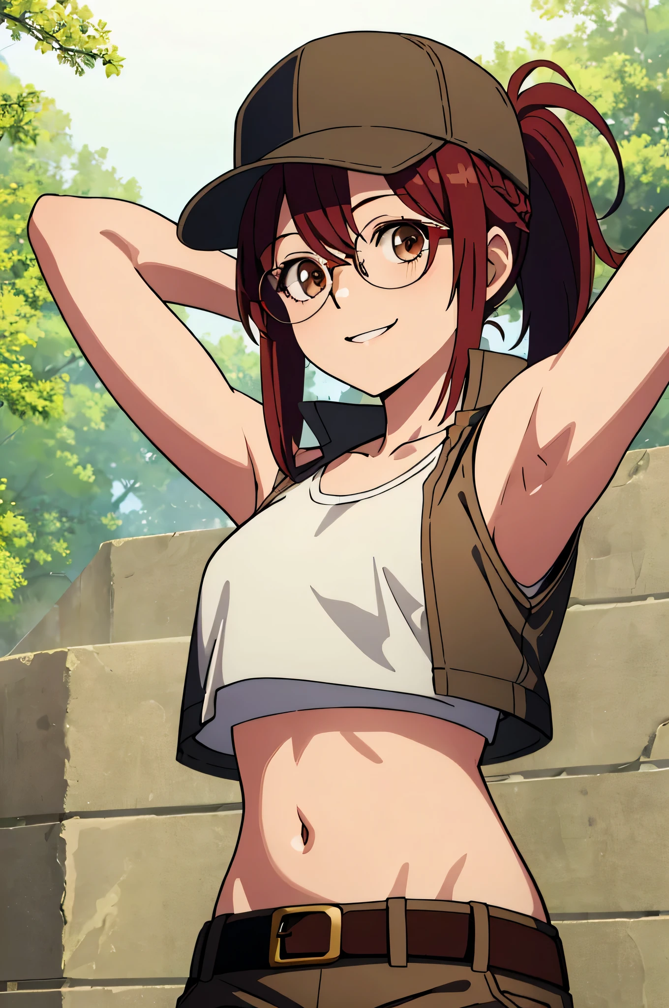 (masterpiece, best quality:1.2),illustration,8k,hd,1girl,solo,upper body,(portrait:1.2),round eyewear,hat,crop top,midriff,gloves,navel,baseball cap,knee pads,short shorts,ponytail,boots,brown eyes,brown shorts,belt,smile, pack,brown headwear,red hair,hip vent,tank top,long hair,vest, upper body,outdoors, ((glasses 1.2)),armpits,arms raised,posing,arms behind head,showing armpits