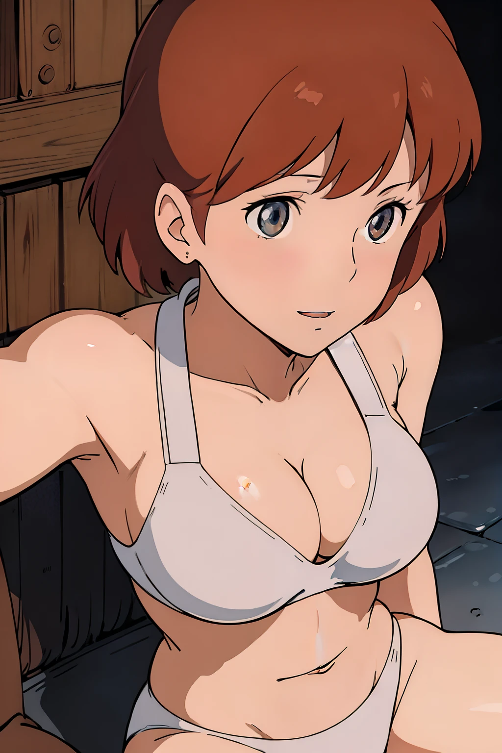 (masterpiece, best quality, high resolution, anime screencap, anime colored, 8k, photorealistic), Nausicaa, 1women, milf, wife, solo, brown hair, (looking at viewer), huge breasts, cleavage, (white bikini:1.5), cowboy shot, (lake, wet), (perfect detailed anatomy, beautiful detailed face&eyes:1.5, shiny skin, perfect body)