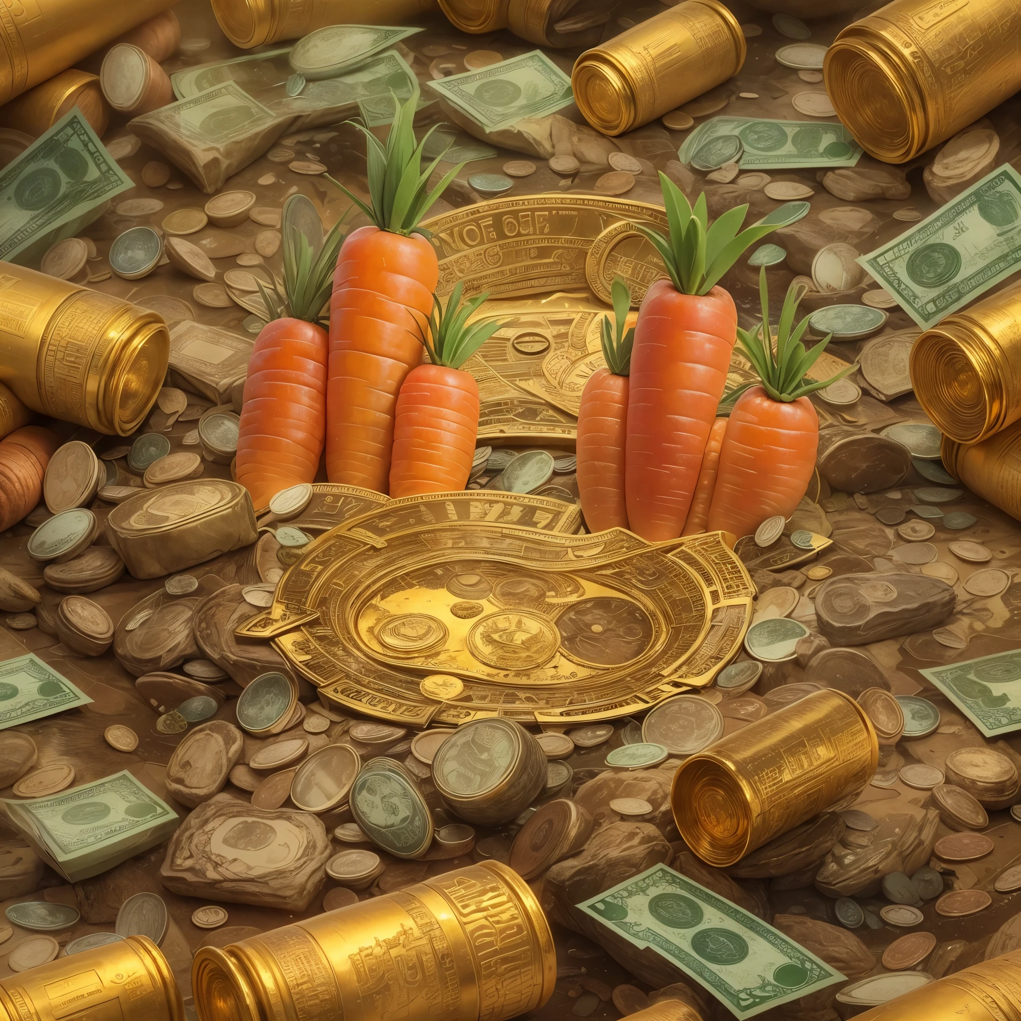 A photorealistic image of a carrot with gold skin, cercada de pepitas de ouro, diamantes, hundred dollar bills and precious stones, palheta de cores vibrantes, multicoloridas, imagem de fundo cor de ouro, the plantation is inside a large gold mine, include the highlighted text at the top of the image “MY COST IS THE WEIGHT OF GOLD” upper case, cores vermelho