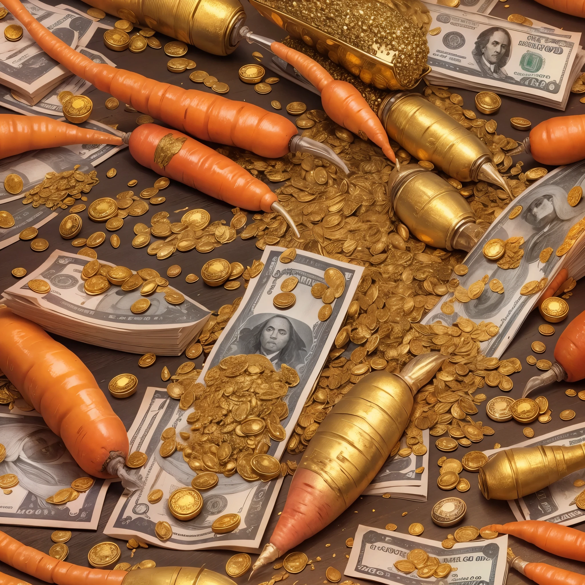 A photorealistic image of a carrot with gold skin, cercada de pepitas de ouro, diamantes, hundred dollar bills and precious stones, palheta de cores vibrantes, multicoloridas, imagem de fundo cor de ouro, the plantation is inside a large gold mine, include the highlighted text at the top of the image “MY COST IS THE WEIGHT OF GOLD” upper case, cores vermelho