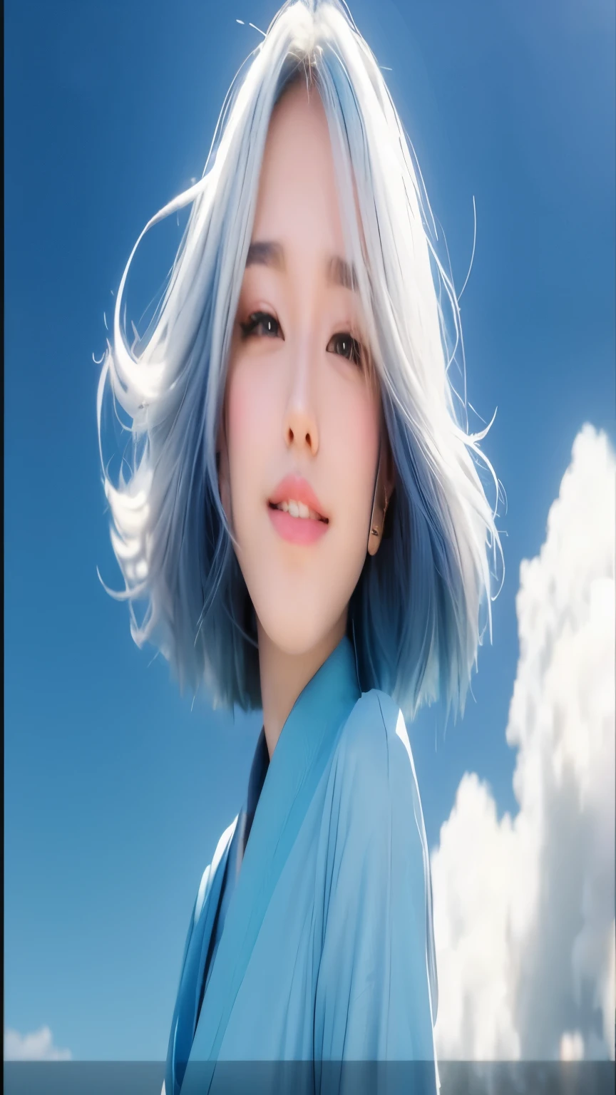 25 years old girl with ombre white hair and blue shirt smiling in front of clouds, full image 4 k, japanese beautiful girl, beautiful portrait, 8k, detailed picture, close up of a girl,