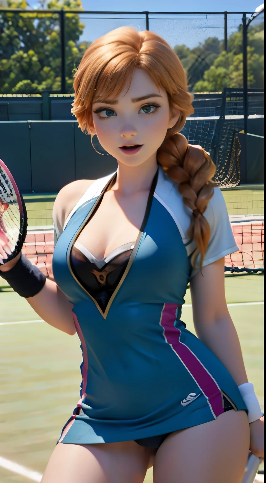 Photo of Anna of Arendelle as a tennis player, Tennis court, Tennis clothes, tennis costume, action: Play tennis, disney movies「Frozen」Anna, expensive and sexy, Superb face, perfect body, provocative, nice, show your chest, huge breasts, expensive, sexy legs, bursting huge breasts, wide hips, Big breasts, sexy, huge breasts, Happy.