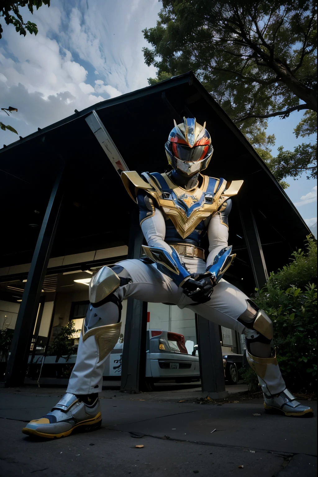 (Best quality, 8k, 32k, Masterpiece, UHD:1.2) "Generate a captivating AI artwork that transforms the image into a dynamic scene featuring a mighty Zord from Power Rangers. Envision the Zord as a colossal and awe-inspiring mechanical creature, intricately designed with vibrant colors and imposing stature. Place a Power Ranger, suited up and ready for action, standing confidently atop the Zord, conveying a sense of heroism and power. Implement dynamic angles and perspectives to showcase the enormity of the Zord, with attention to detail on its robotic features and armor. Utilize vivid and energetic colors to bring out the iconic aesthetics of Power Rangers. Ensure the overall composition radiates excitement and captures the essence of the epic battles seen in Power Rangers, blending futuristic technology with a touch of nostalgia."