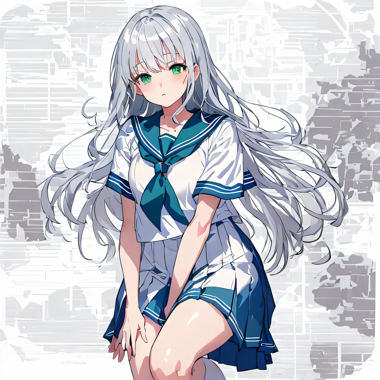 masterpiece, highest quality,shape,sailor suit,slanted eyes,straight hair,silver hair,side parted,super dense skin,calf white socks,surprised,beautiful and detailed eyes,blush,turn your arms behind your back,short sleeve shirt,green eyes,Plump : 1.3,sit,anxiety