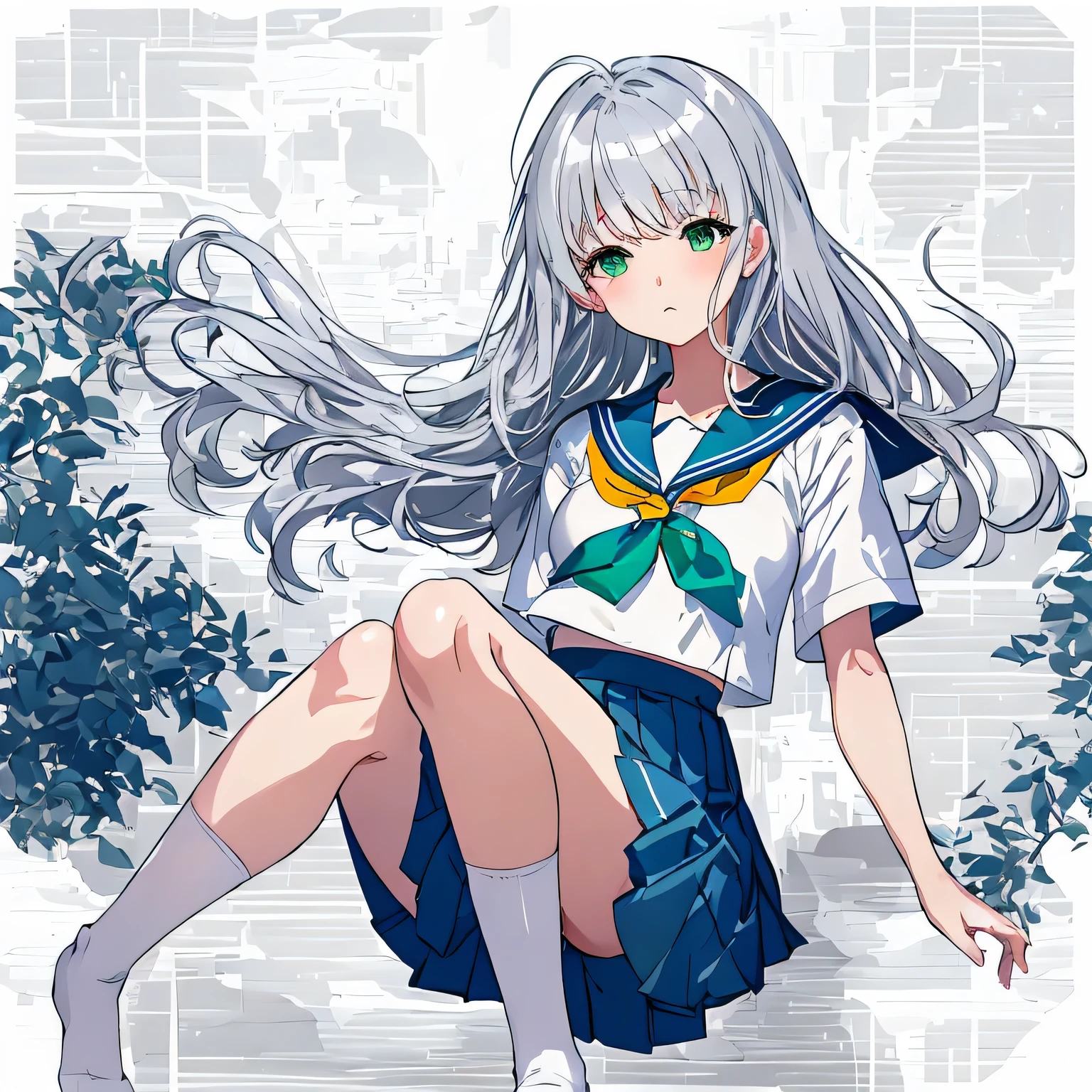 masterpiece, highest quality,shape,sailor suit,slanted eyes,straight hair,silver hair,side parted,super dense skin,calf white socks,surprised,beautiful and detailed eyes,blush,turn your arms behind your back,short sleeve shirt,green eyes,Plump : 1.3,sit,anxiety