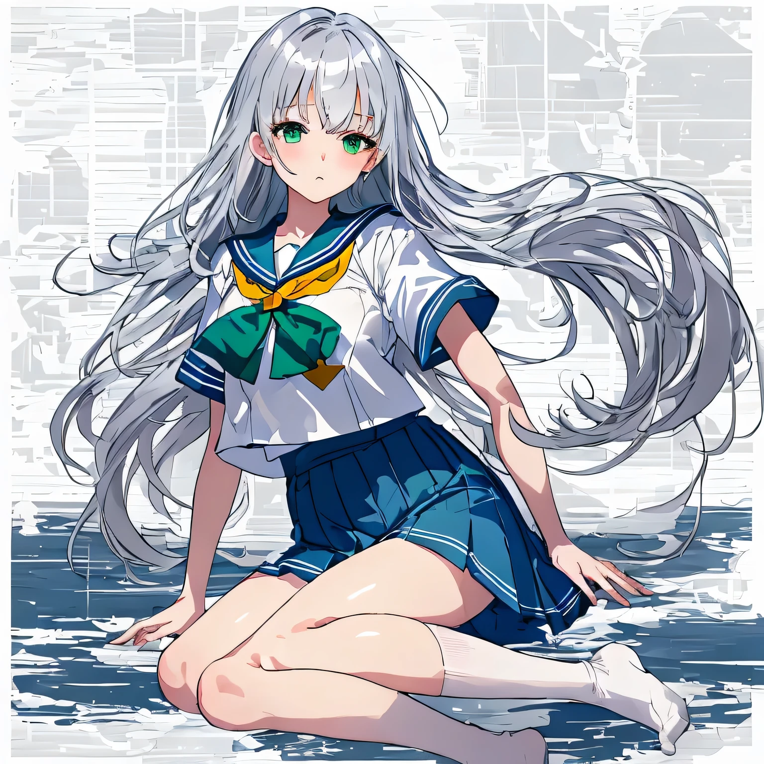 masterpiece, highest quality,shape,sailor suit,slanted eyes,straight hair,silver hair,side parted,super dense skin,calf white socks,surprised,beautiful and detailed eyes,blush,turn your arms behind your back,short sleeve shirt,green eyes,Plump : 1.3,sit,anxiety