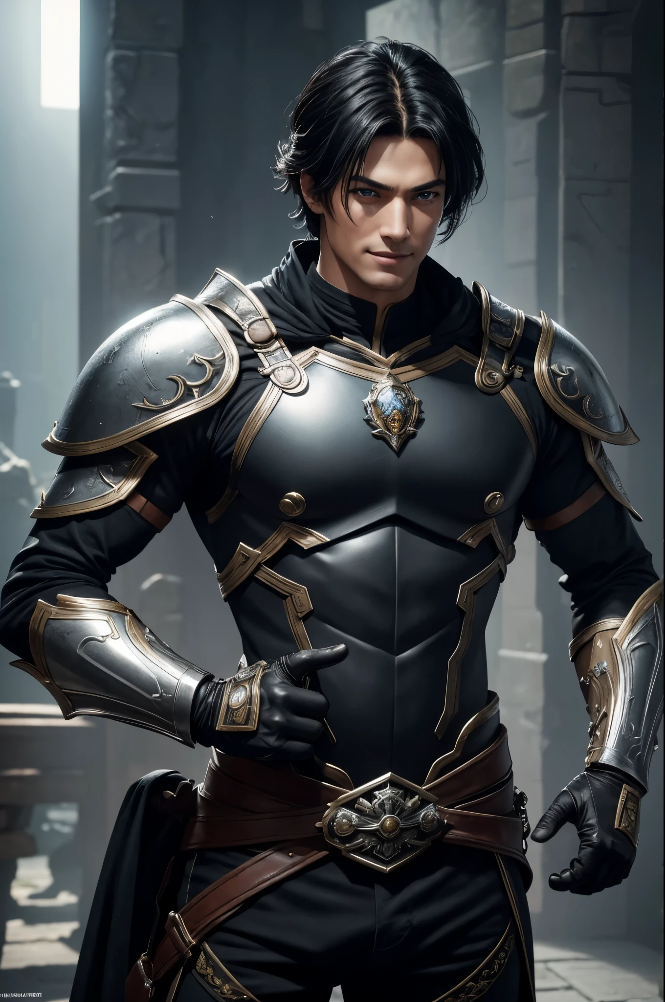 8K,Photoreal,RAW photo(highest quality;1.4) ,(1 adult male),super handsome(lifelike face),black hair medium long,handsome prince with blue eyes,black and brown combat uniform,black and silver pants,Equipped with a long and large sword on his waist,Wearing black leather gloves,Remains,Comical poses,Gwaitz Style,realistic,exact details,unreal engine,beautiful expression,Details of each part,ultra high resolution.超realistic,Charm,foot armor,skin that looks real,fantasy emperor.ultra high resolution,Super realistic,fantasy art,character art,wilderness,toothy smile,muscular and well-trained body,masterpiece,highest qualityのフォトリアリスティックなRAW photo。bright colors,rich colors, Backlight, cinematic lighting, film grain, to be born, 50mm lens, Nikon D850,fantasy art,character art,ultra high resolution,realistic scale skin,Macho with muscular slender body,Violent and strongly cracked abdominal muscles,