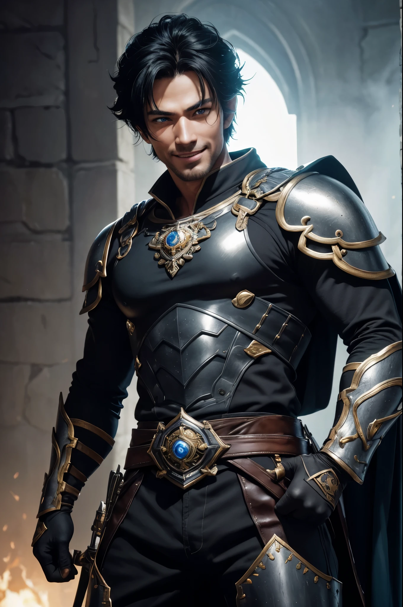 8K,Photoreal,RAW photo(highest quality;1.4) ,(1 adult male),super handsome(lifelike face),black hair medium long,handsome prince with blue eyes,black and brown combat uniform,black and silver pants,Equipped with a long and large sword on his waist,Wearing black leather gloves,Remains,Comical poses,Gwaitz Style,realistic,exact details,unreal engine,beautiful expression,Details of each part,ultra high resolution.超realistic,Charm,foot armor,skin that looks real,fantasy emperor.ultra high resolution,Super realistic,fantasy art,character art,wilderness,toothy smile,muscular and well-trained body,masterpiece,highest qualityのフォトリアリスティックなRAW photo。bright colors,rich colors, Backlight, cinematic lighting, film grain, to be born, 50mm lens, Nikon D850,fantasy art,character art,ultra high resolution,realistic scale skin,Macho with muscular slender body,Violent and strongly cracked abdominal muscles,black and silver battle uniform,Comical poses,A big smile,laugh loudly,laugh hard,Laugh with your mouth wide open,