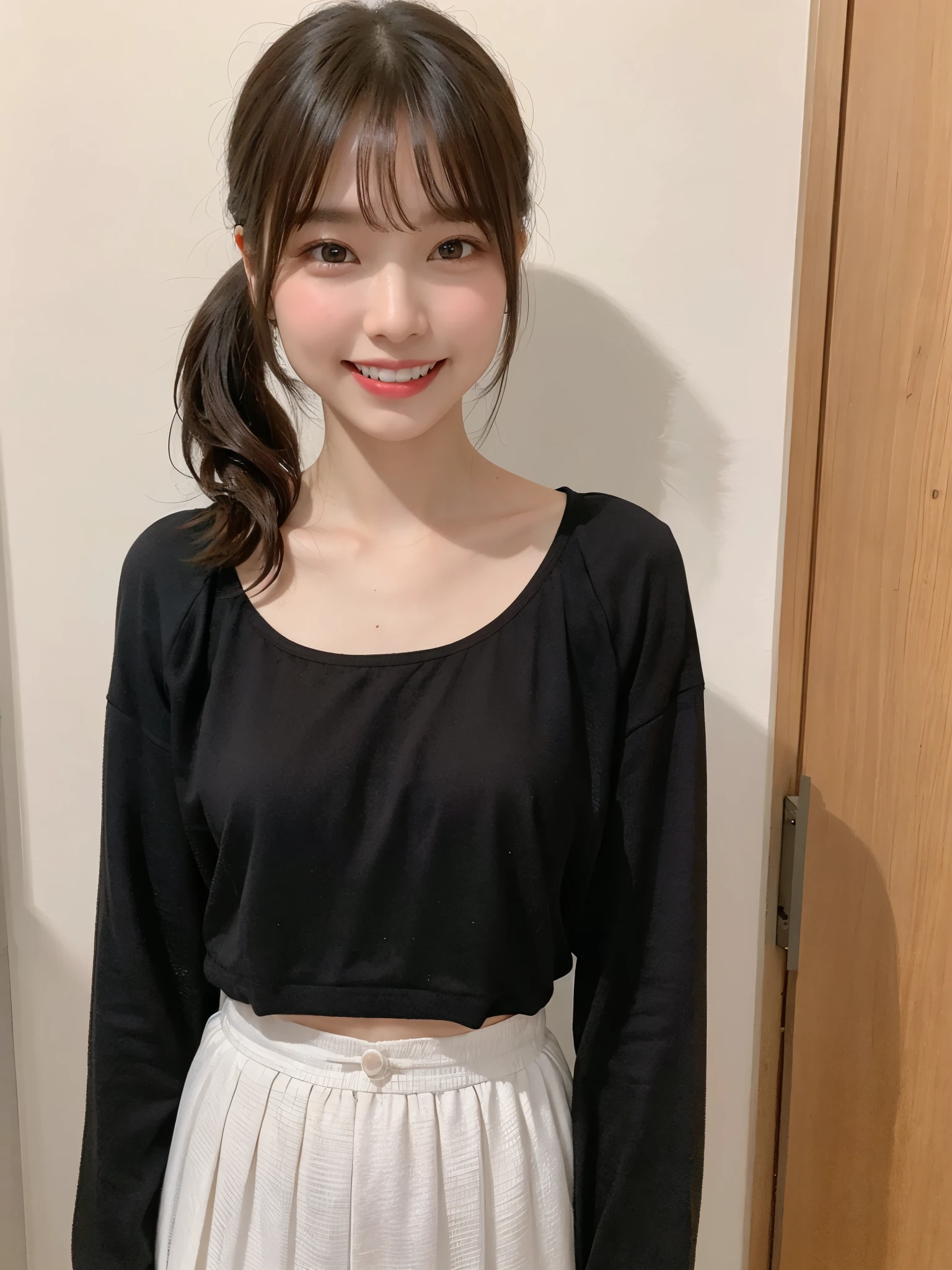 highest quality、8K、ultra high resolution、Super detailed face and eyes、Highly detailed face and skin texture、glowing skin、shiny skin、master piece:1.3、1 girl、A beautiful woman with slim abs as an accent、super detail face、delicate eyes、double eyelid、full shot、ponytail、短めponytail、20-year-old、brown hair、long sleeve、skirt、room、Smile with your teeth out、open your mouth and laugh