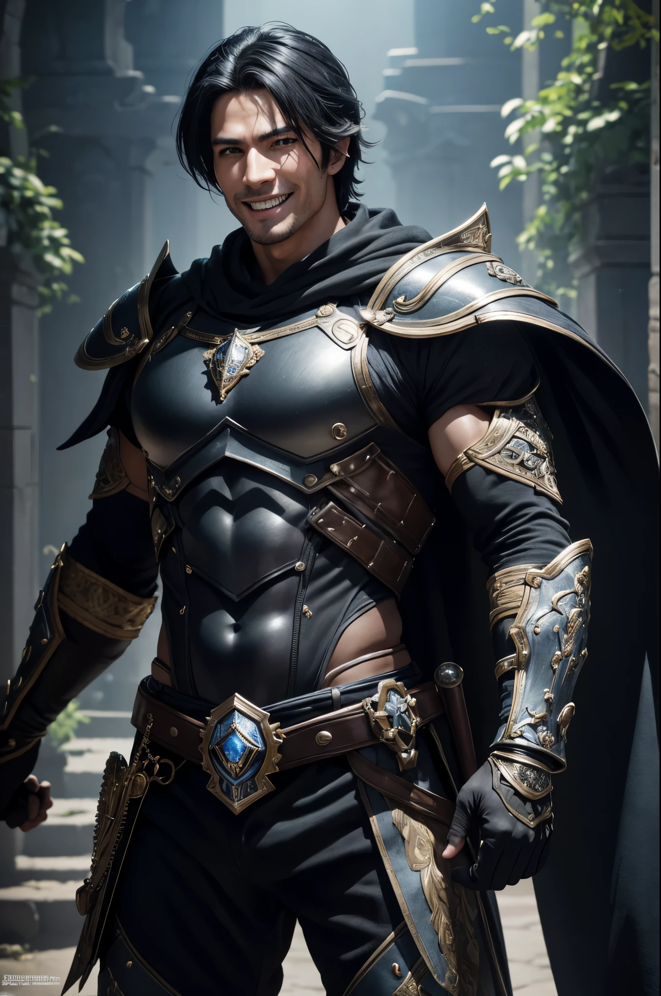 8K,Photoreal,RAW photo(highest quality;1.4) ,(1 adult male),super handsome(lifelike face),black hair medium long,handsome prince with blue eyes,black and brown combat uniform,black and silver pants,Equipped with a long and large sword on his waist,Wearing black leather gloves,Remains,Comical poses,Gwaitz Style,realistic,exact details,unreal engine,beautiful expression,Details of each part,ultra high resolution.超realistic,Charm,foot armor,skin that looks real,fantasy emperor.ultra high resolution,Super realistic,fantasy art,character art,wilderness,toothy smile,muscular and well-trained body,masterpiece,highest qualityのフォトリアリスティックなRAW photo。bright colors,rich colors, Backlight, cinematic lighting, film grain, to be born, 50mm lens, Nikon D850,fantasy art,character art,ultra high resolution,realistic scale skin,Macho with muscular slender body,Violent and strongly cracked abdominal muscles,black and silver battle uniform,Comical poses,A big smile,laugh loudly,laugh hard,Laugh with your mouth wide open,