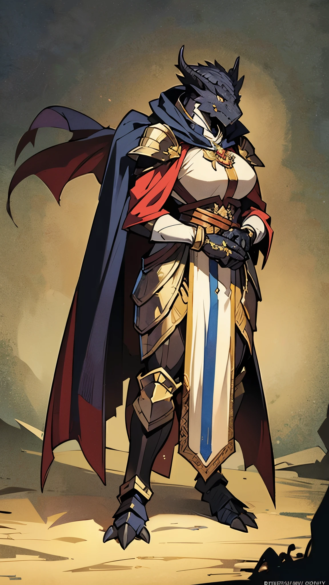 masterpiece, (1man), extremely detailed female character, full body shot, best quality, dnd, dungeons and dragons, (pointy ears), (black dragonborn, anthro, horns), medieval era, fantasy clothes, anime style, (medieval fantasy heavy armor, cape)