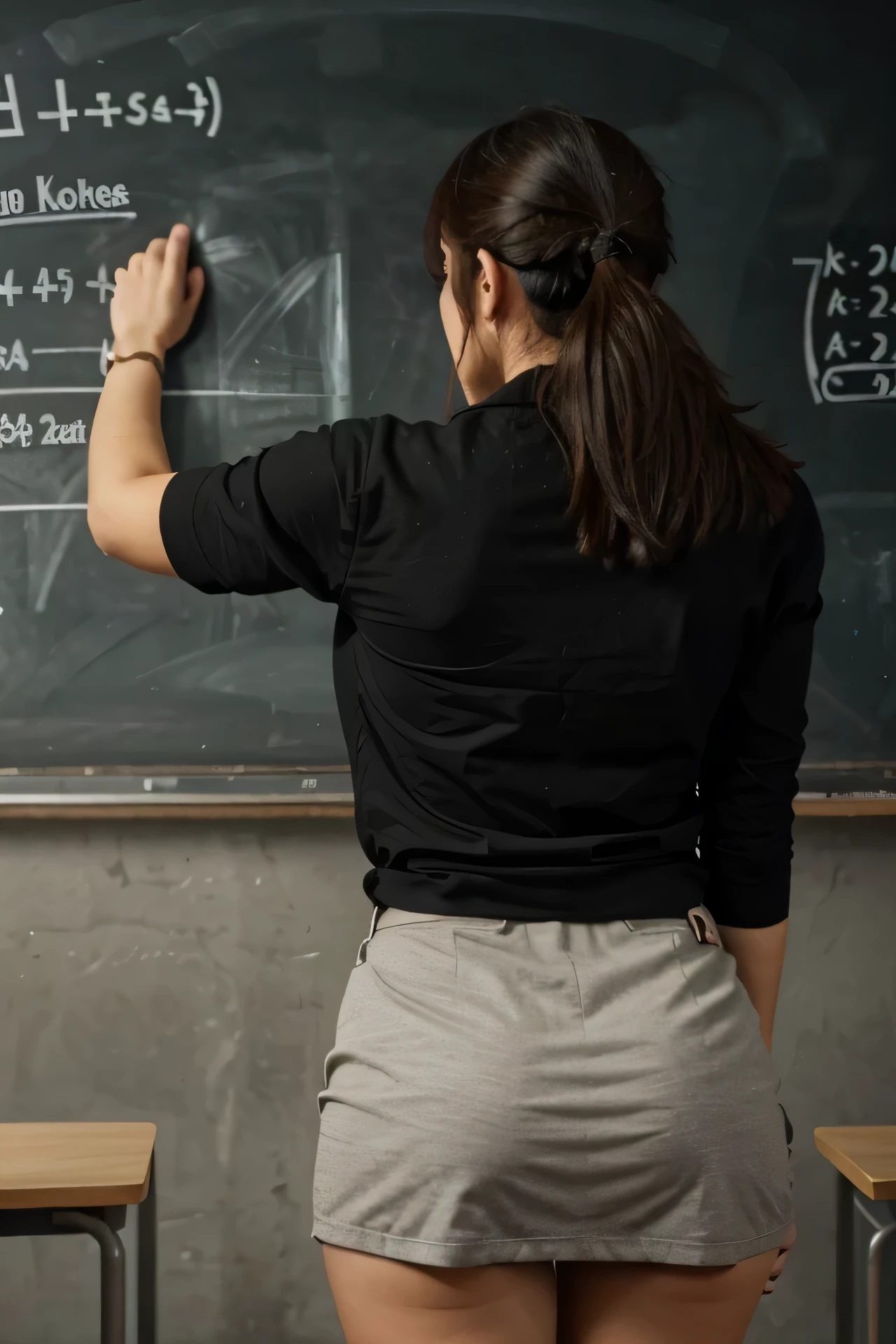 A teacher giving mathematics classes at the blackboard and seen from behind. He should be close and write on the board with his right hand..