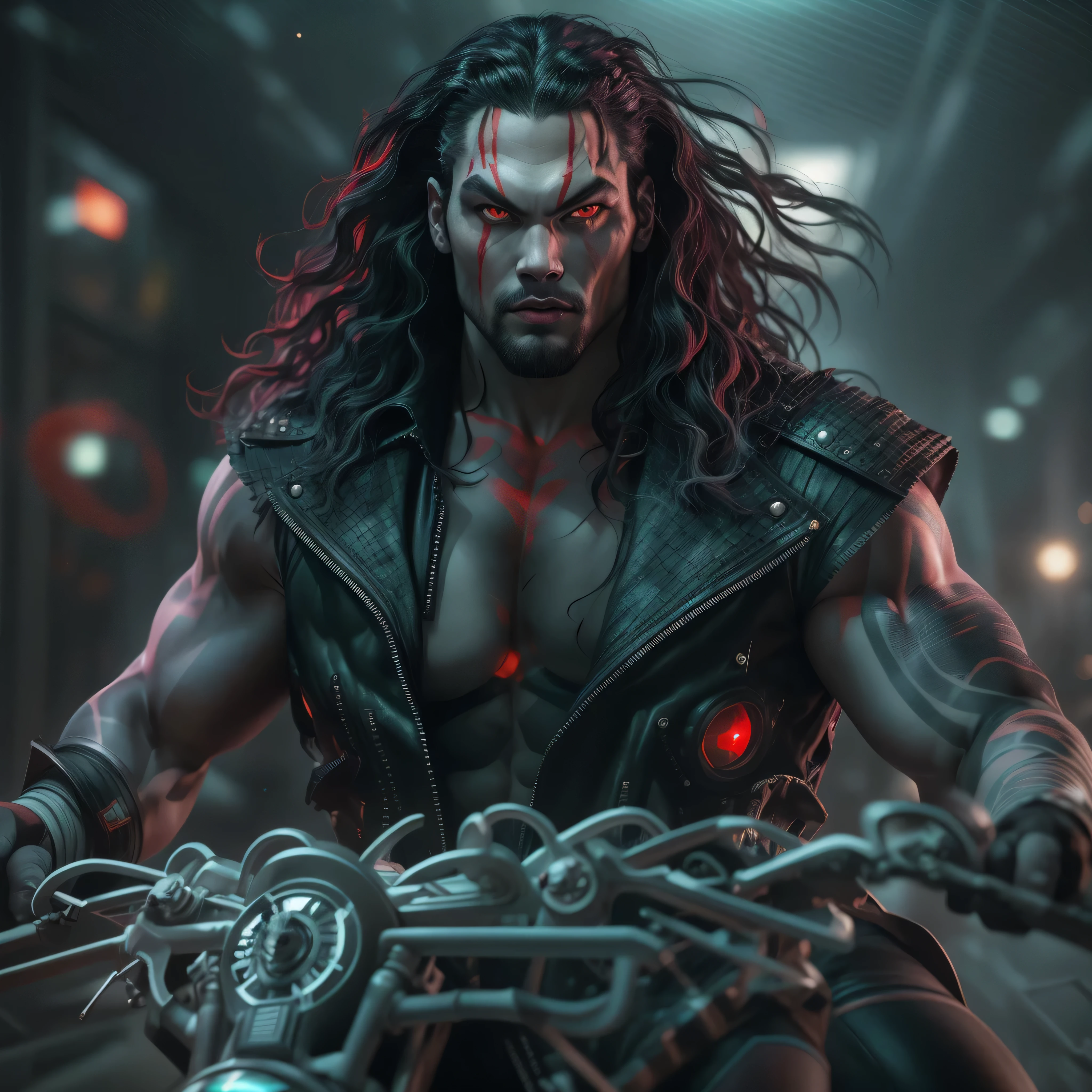 Full body image, a photo of Jason Momoa as Lobo from DC comics, muscular, ((((ghostly super pale skin)))), (((red eyes))), sleeveless black biker vest, black hair, riding space sci-fi hoverbike, Intricate, High Detail, Sharp focus, dramatic, photorealistic digital art, photo-realistic, octane render, unreal engine, ultra-realistic