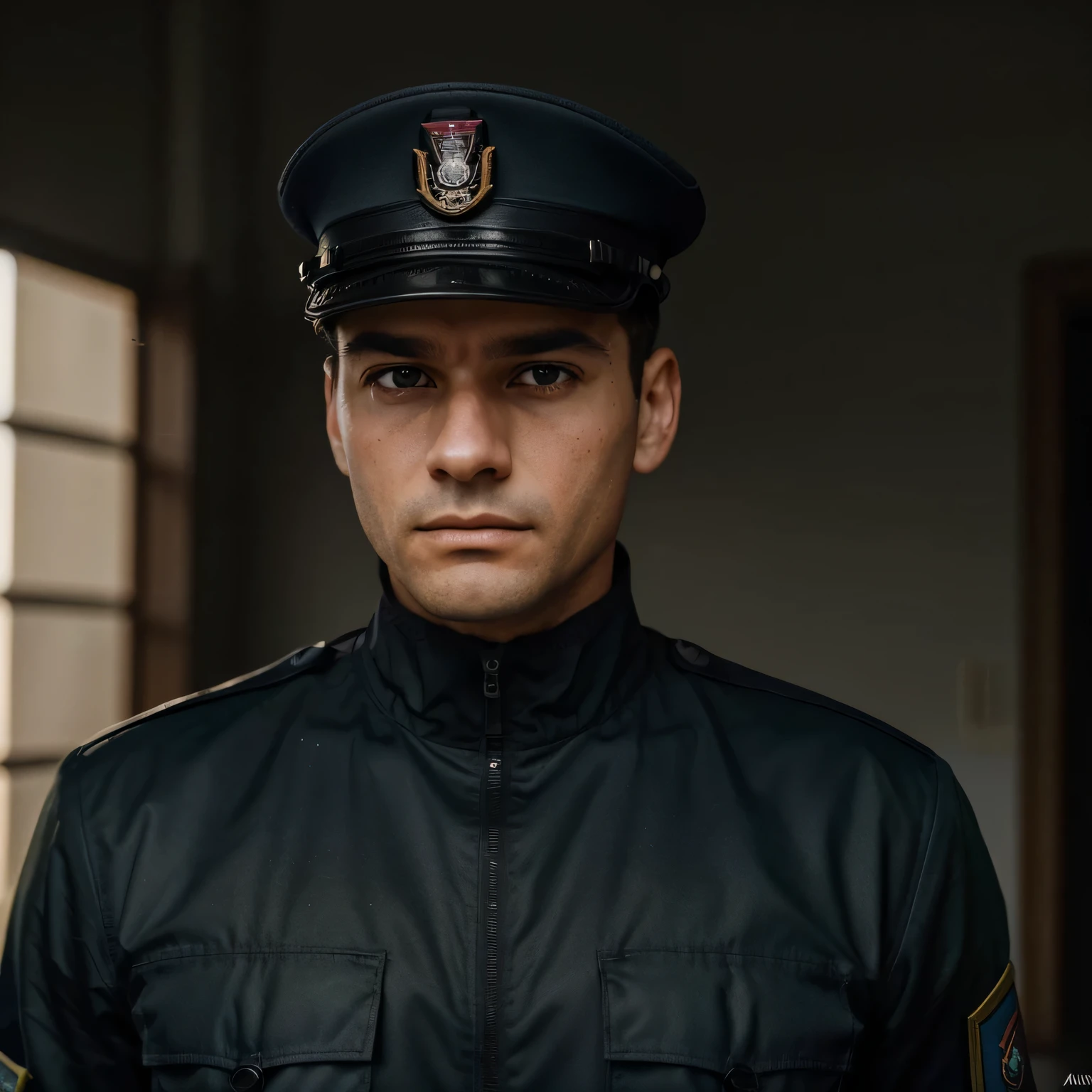 Uma foto 3x4 de um homem, militar, usando um keper, is looking ahead with a serious countenance of maximum authority, natural lighting, ((alta qualidade)), ((1028p resolution)), ((8k)), afiado, perfeito