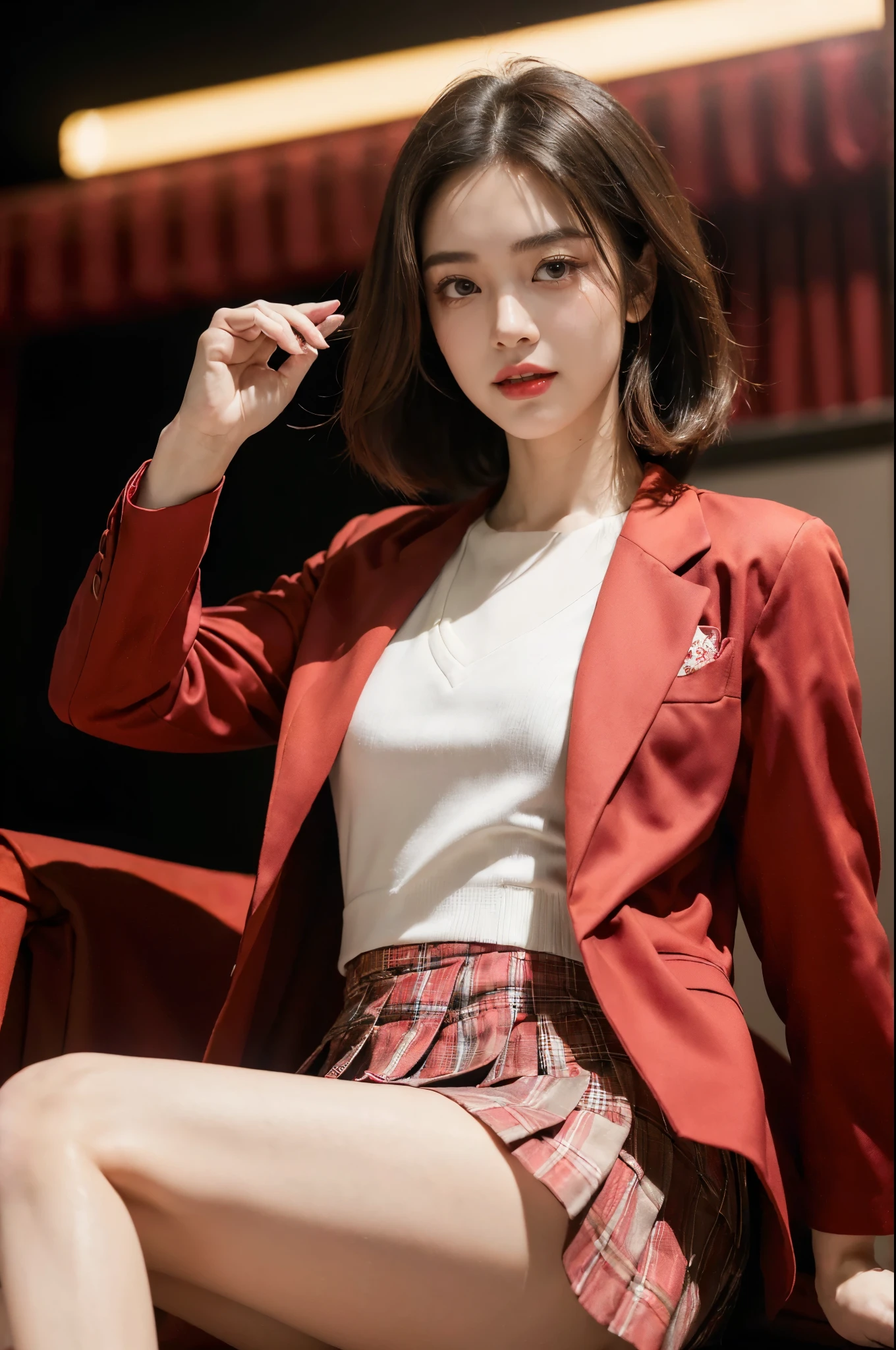 ((((8k))),((Extremely meticulous CG)),(wallpaper),16k,((Extremely refined and beautiful)),(((Masterpiece))),(((best qualtiy))),(((Ultra High Resolution))),beautiful light up,Perfect lightning,realistic shaded,(high resolution),(Smooth and flawless fair skin:1.5),(pale skin:1.3),Extremely exquisite facial details,(perfect body:1.1),ultra-detailed,a girl,solo,small head,(shoulder length straight bob hair:1.2),small face,Exquisite makeup,(slim,thin),(happy:1.2),(laughing:1.3),(small breasts:1.1),flat chest,(red suit jacket:1.5),(Windsor knot:1.3),(underneath the suit top was white collared shirt:1.3),(Red pleated plaid short skirt:1.4),(slender legs:1.2),(mid-length socks:1.2),(sneakers:1.1),(day scene:1.5),indoor,(At the entrance of a luxurious theater:1.3),(Spring Festival festive atmosphere:1.3),(detailed background:1.5),(upper body:1.3),(dancing:1.3),(Dynamic pose:1.2),(from front:1.3),(bright light:1.3),