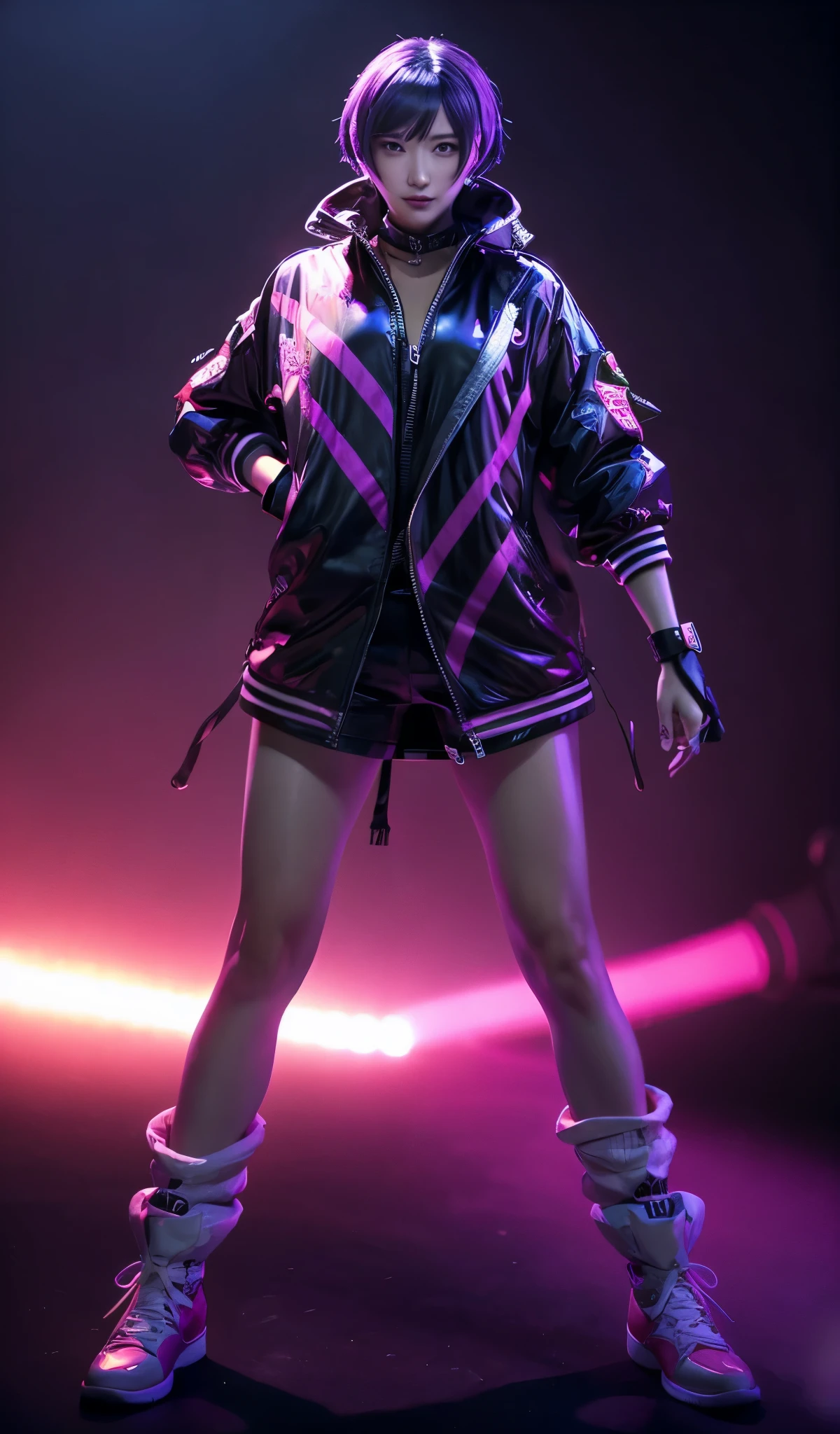 (best quality)), ((masterpiece)), (detailed), perfect face A hot real live photo japanese american girl with black and purple hair and medium breasts, wearing a purple jacket with two white stripes and a black shirt top. Photo Shot from iphone 15 pro, bright dramatic lighting and colors. Gray background