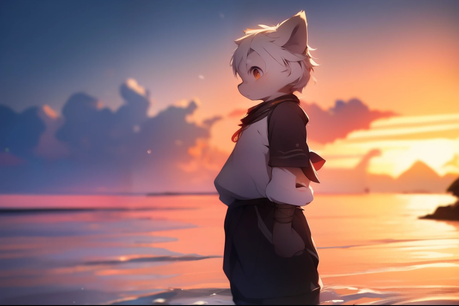 author：Jerrysk, author：Kirito, horny boy, furry wolf, Shota, Black and white hair, In good shape, Handsome, Lovely, Light：朦胧的Light与影, 反Light皮肤, Redness of the skin, worn-out clothing，Commoner, seaside，standing on the rock，beach，the only person，solo，1doe, Outdoor sunset, detail, depth of field, horny boy，Shota