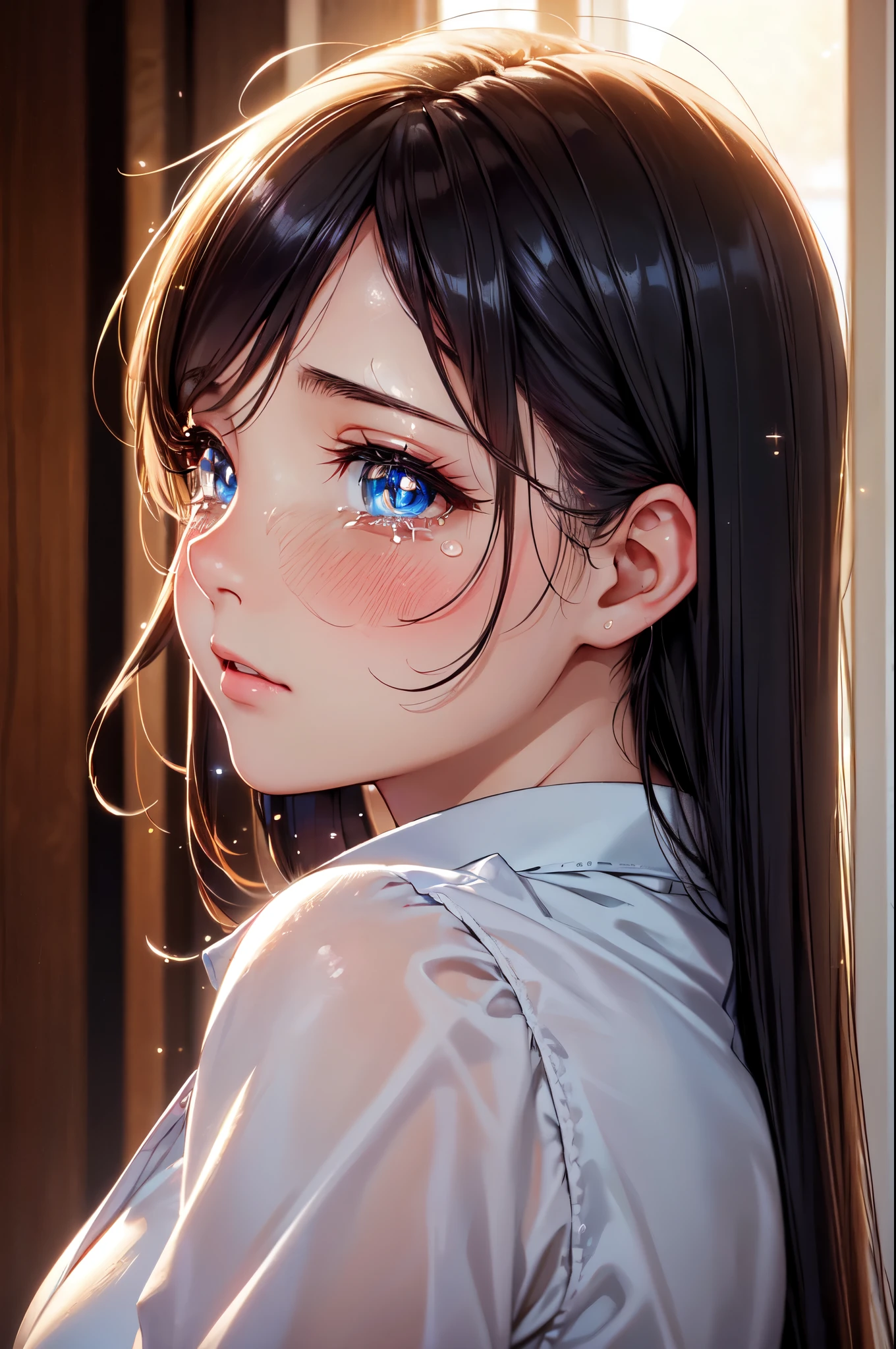 (High quality, High resolution, Fine details), (crying), View from side, solo, curvy women, sparkling eyes, (Detailed eyes:1.2), blush, Sweat, Oily skin, shallow depth of field, Bust shot