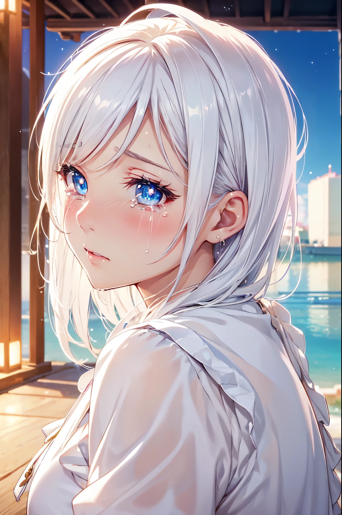 (High quality, High resolution, Fine details), Anime style, (crying), View from side, solo, curvy women, white hair, sparkling eyes, (Detailed eyes:1.2), blush, Sweat, Oily skin, shallow depth of field, (Bust shot)