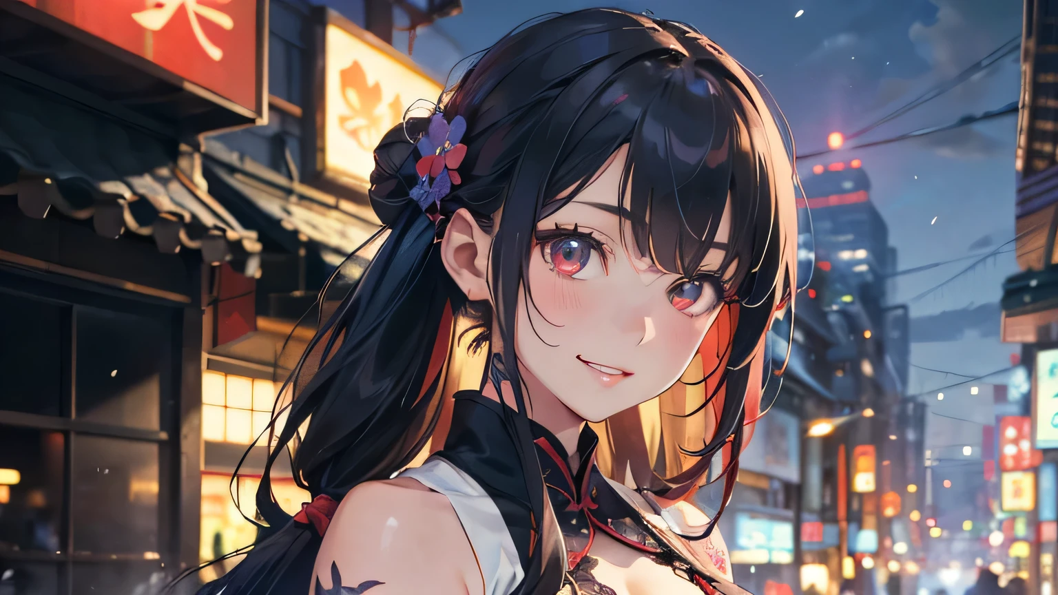 a 20 yo woman、Blackberry Hair、long twintail、Big smile、cleavage of the breast、Thighs at a glance、fishnet tights、Long cheongsam with long purple ankles on open chest、(hi-top fade:1.3)、dark themed、Muted Tones、Subdued Color、highly contrast、(natural skin textures、Hyper-Realism、Soft light、sharp) (masutepiece, of the highest quality, Best Quality, Official art, Beautiful and aesthetic: 1.2), (1girl in: 1.3), Very detailed, (Fractal Art: 1.1), (Color: 1.1) (Flowers: 1.3), (By Yuko Higuchi:1.4), Yuko Higuchi,(posted by Yow:1.2),(linear art),Line drawing,Pen drawing,Zentangle,(Tattoo patterns:1.2),(complex lines),(masutepiece),(Best Quality:1.1), (Ultra-detailed),Best Illustration,finely detail,hand-drawn high quality,High contrast,(Clean lines:1.3),ligne claire,(Portrait),(very closeup:1.1),1 girl,Solo,The girl is wrapped in snow,(Intricate details:1.3),(Detailed background:1.2),(coloured background:1.1),sketch,Intricate details,High resolution,a moon,top-quality、8K、hight resolution、masterpiece、(portlate:0.6)、A dark-haired、Middle hair、(grinning evily:1.3)、(Look at viewers:1.3)、(bokeh dof)、18year old、8K, masutepiece, (Photorealistic:1.5), Artistic portrait from behind ((Yakuza Girls) Wearing tight croptop leather suit), back tattoo, Revealing the tattoo on the back, (Dragon tattoo), Bare shoulders, huge-breasted, Beautiful skin, Slim Fit Body, Cute face, nice appearance, look at viewr, Red hair in a bun with bangs, Foggy, Daylight, skyscapers, Clouds, Cozy and cool atmosphere, Dynamic lighting, natural, artistic,18-year-old girl Wahori skin, Yakuza, Japan Mafia, Background of Tokyo Red Light District, Realistic, Photoreal, masutepiece, Best Quality, Movie photo of a Japan cartel gang with tattoos, epic lighting, Yakuza tattoos on Japan, japanese art on behance, Japan culture, Sexy, Exotic, Erotic,Tattoo of butterflies and flowers on the upper body,Tattoo of a huge number of flowers on the arm、
