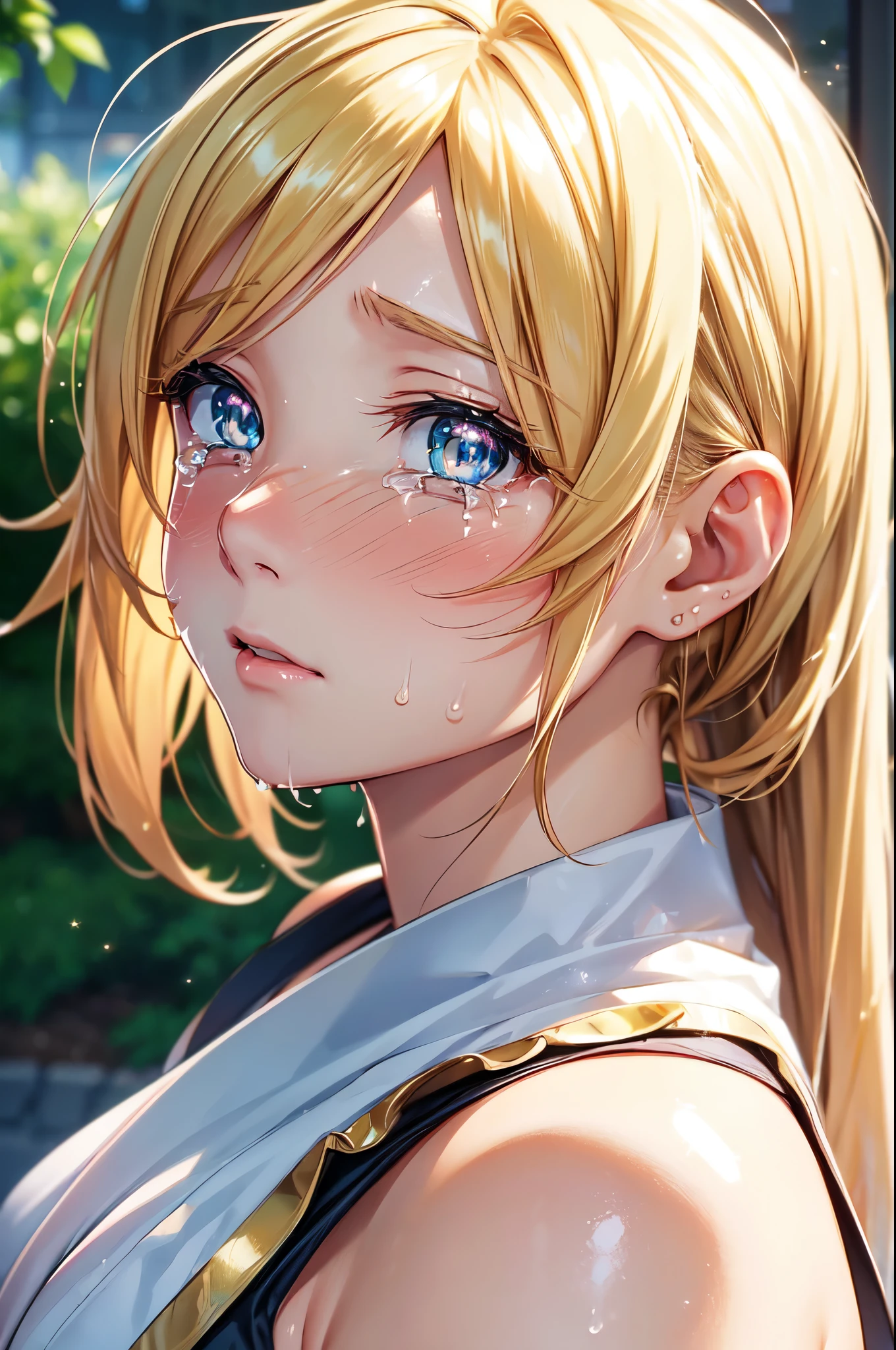 (High quality, High resolution, Fine details), Anime style, (crying), View from side, solo, curvy women, blond hair, sparkling eyes, (Detailed eyes:1.2), blush, Sweat, Oily skin, shallow depth of field, (Bust shot)