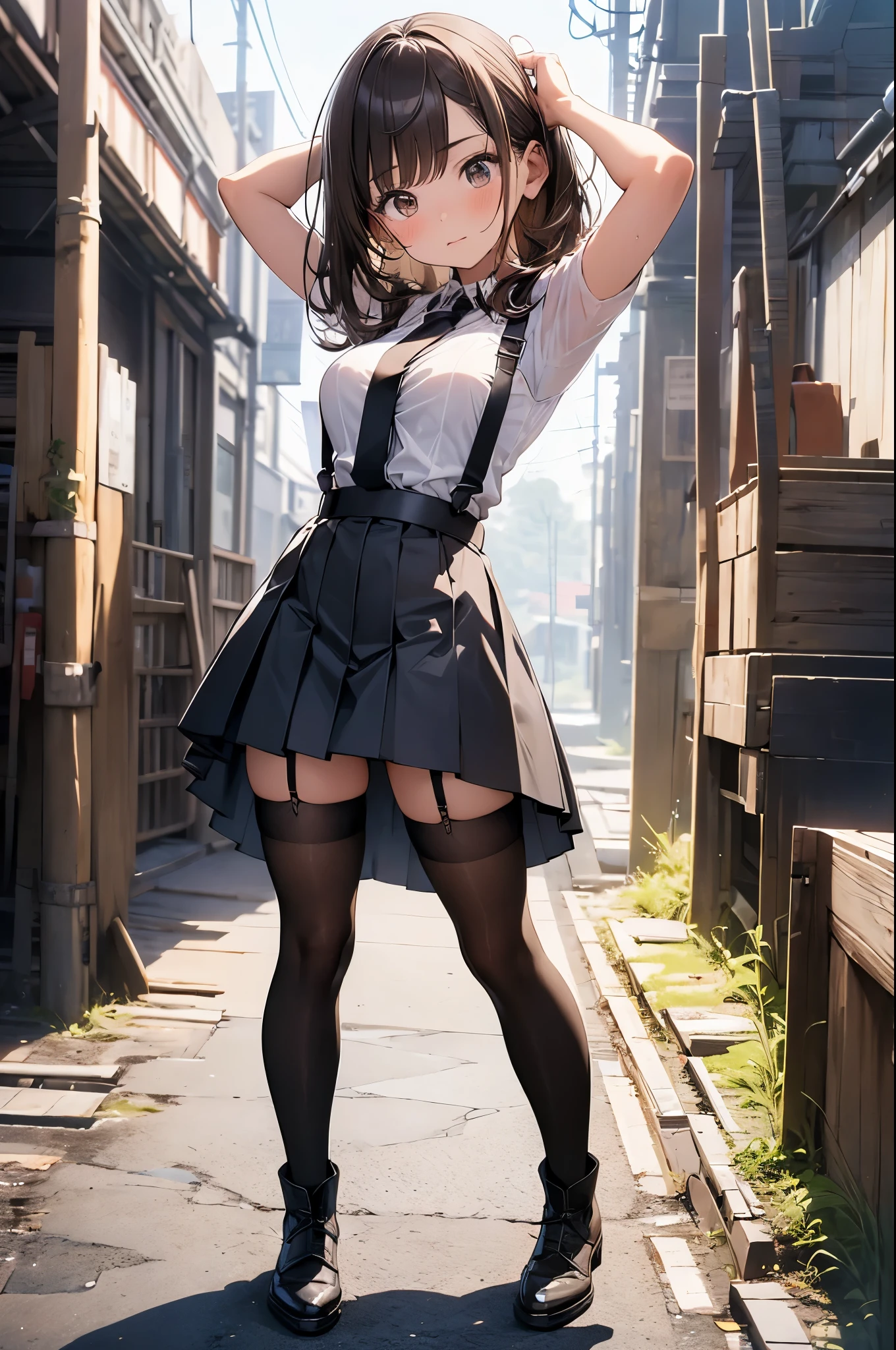 brown hair、looking at the viewer　　suspenders　　　Bulging big breasts　　 　 　　　　Black miniskirt　garter belt　knee high socks　　　　　　Gaze　　　small face　bangs 　　　　　Beauty　　hands up　　 　Gaze 　black boots 　provocation　　armpit sweat　one person 　　put your hands behind your back　cutter shirt　　Panty shot　ginka
