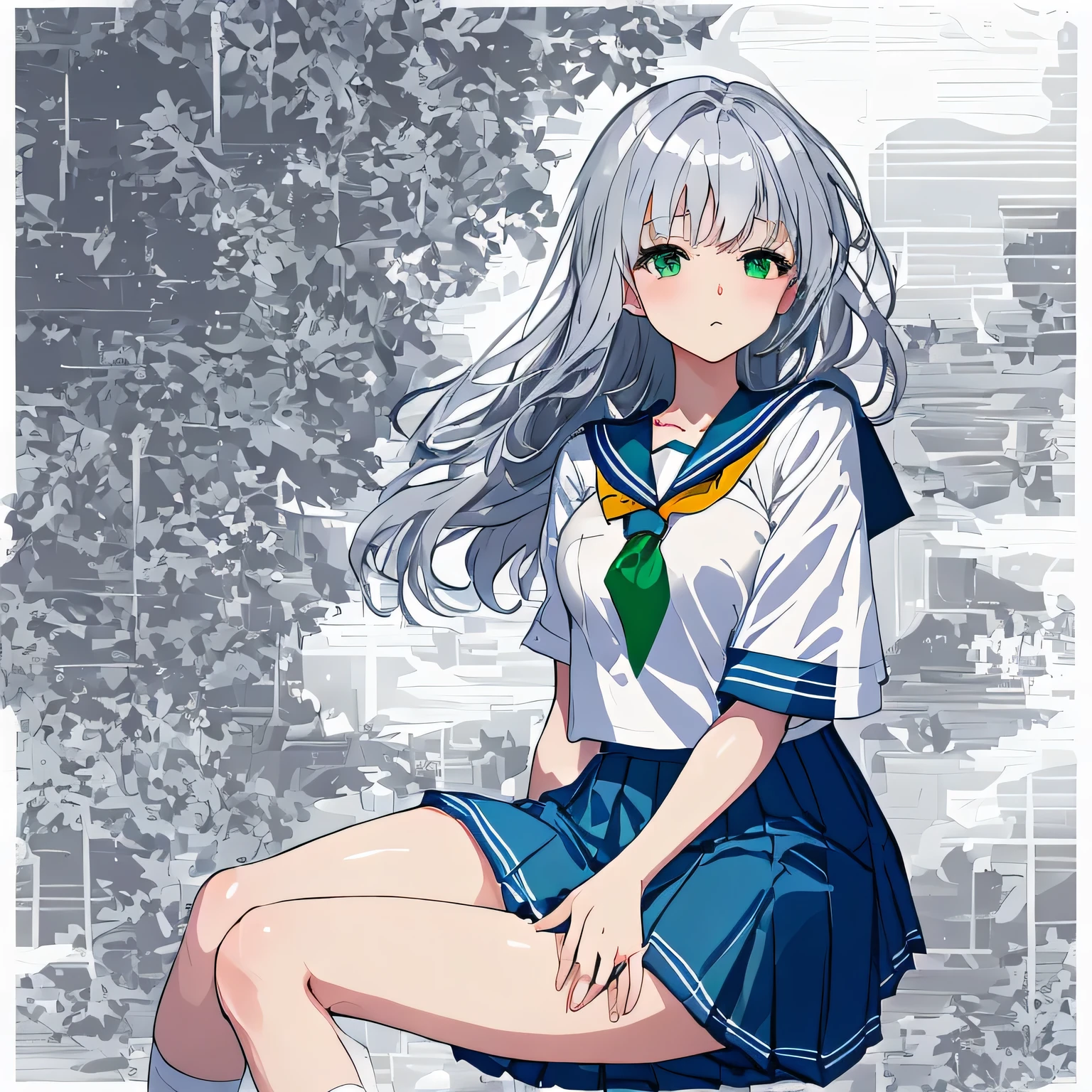 masterpiece, highest quality,shape,sailor suit,slanted eyes,straight hair,silver hair,side parted,super dense skin,calf white socks,surprised,beautiful and detailed eyes,blush,turn your arms behind your back,short sleeve shirt,green eyes,Plump : 1.3,Rear view,navy blue skirt,sitting,green panties,look away
