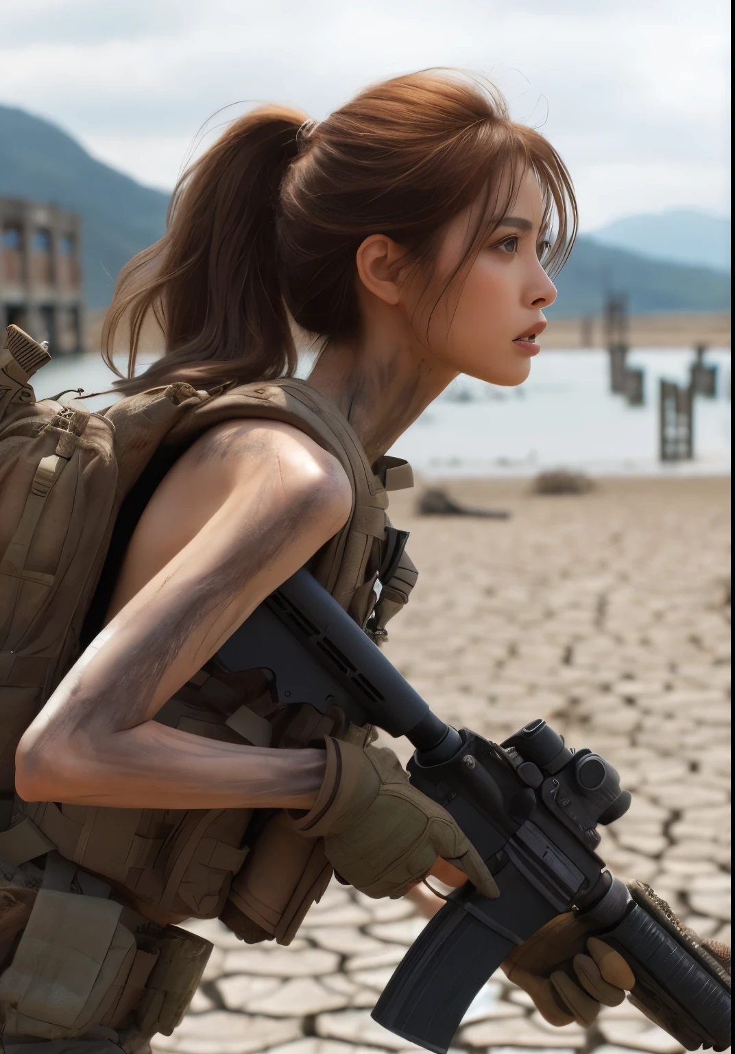 (best quality, photo-realistic:1.37),ultra-detailed,natural light,beautiful Japanese girl with realistic skin texture,dressed in military uniform,running across a dried-up lake,cracked and parched lake bed,old buildings visible in the distance,backpack,assault rifle,body armor,dynamic action pose