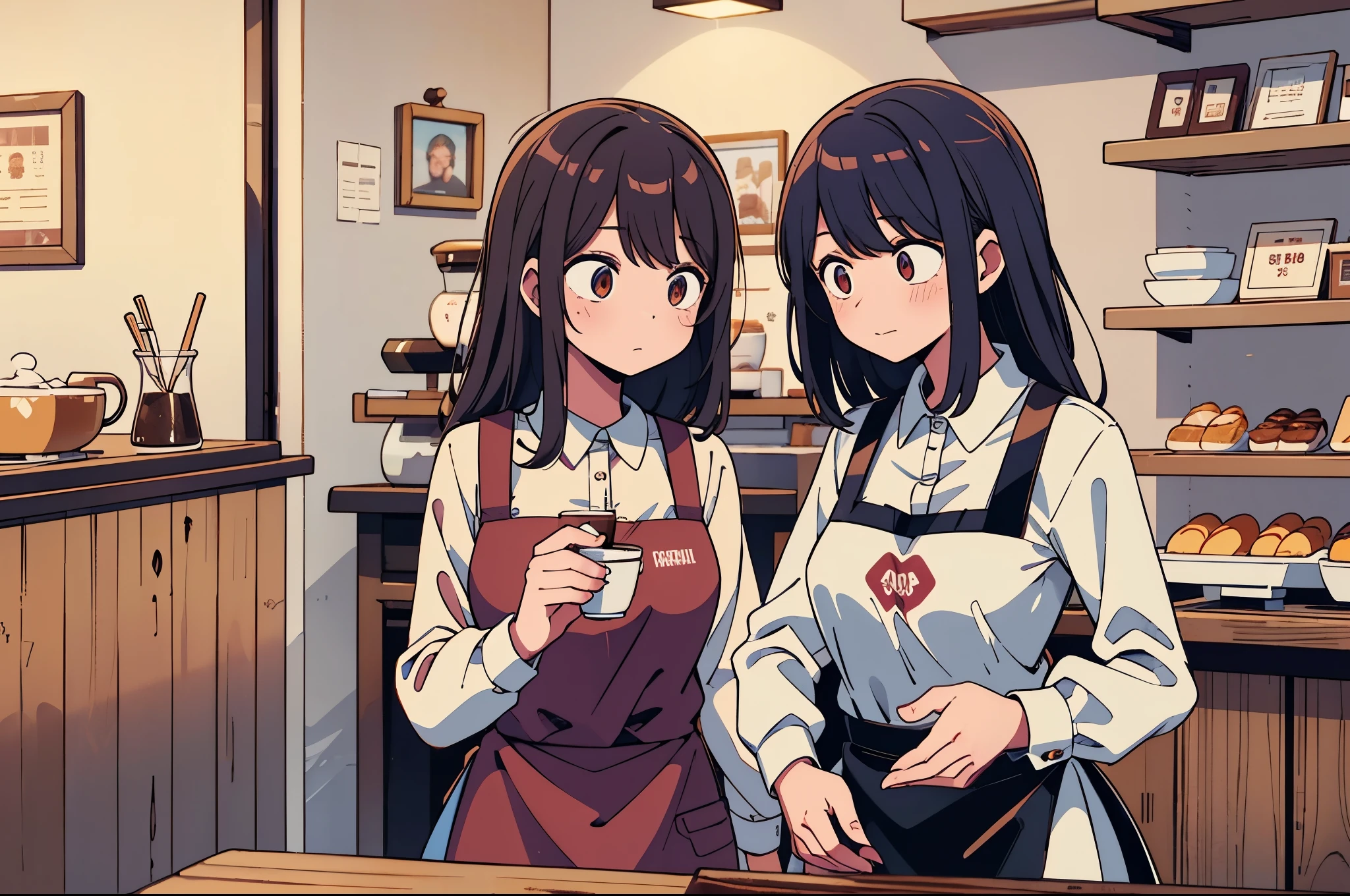 Coffee, cafe, chocolate, counter, two women, apron, Adachi and Shimamura, yuri, barista, sweet aroma, cozy ambiance, confectionery, intimate conversation, coffeehouse, romantic atmosphere, bakery, barista skills, heartwarming, coffee culture.