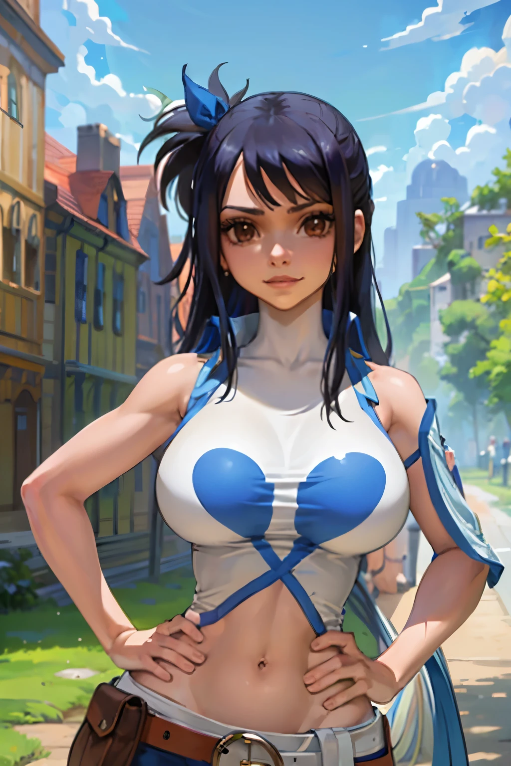 (masterpiece, Best quality:1.2), One, 1 girl, Lucy Heartfilia, smile, I look at the viewer, hands on hips, blue sleeveless, (masterpiece, Best quality, a high resolution:1.2), detailed, complex parts, 4K, 1 girl, (One:1.2), jasmine, long hair, breast, Without clothing, Naked upper body, Nice . Black hair, navel, split, bare shoulders, Brown eyes,