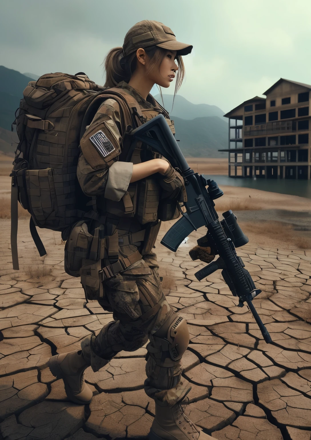 (best quality, photo-realistic:1.37),ultra-detailed,natural light,beautiful Japanese girl with realistic skin texture,dressed in military uniform,running across a dried-up lake,cracked and parched lake bed,old buildings visible in the distance,backpack,assault rifle,body armor,dynamic action pose