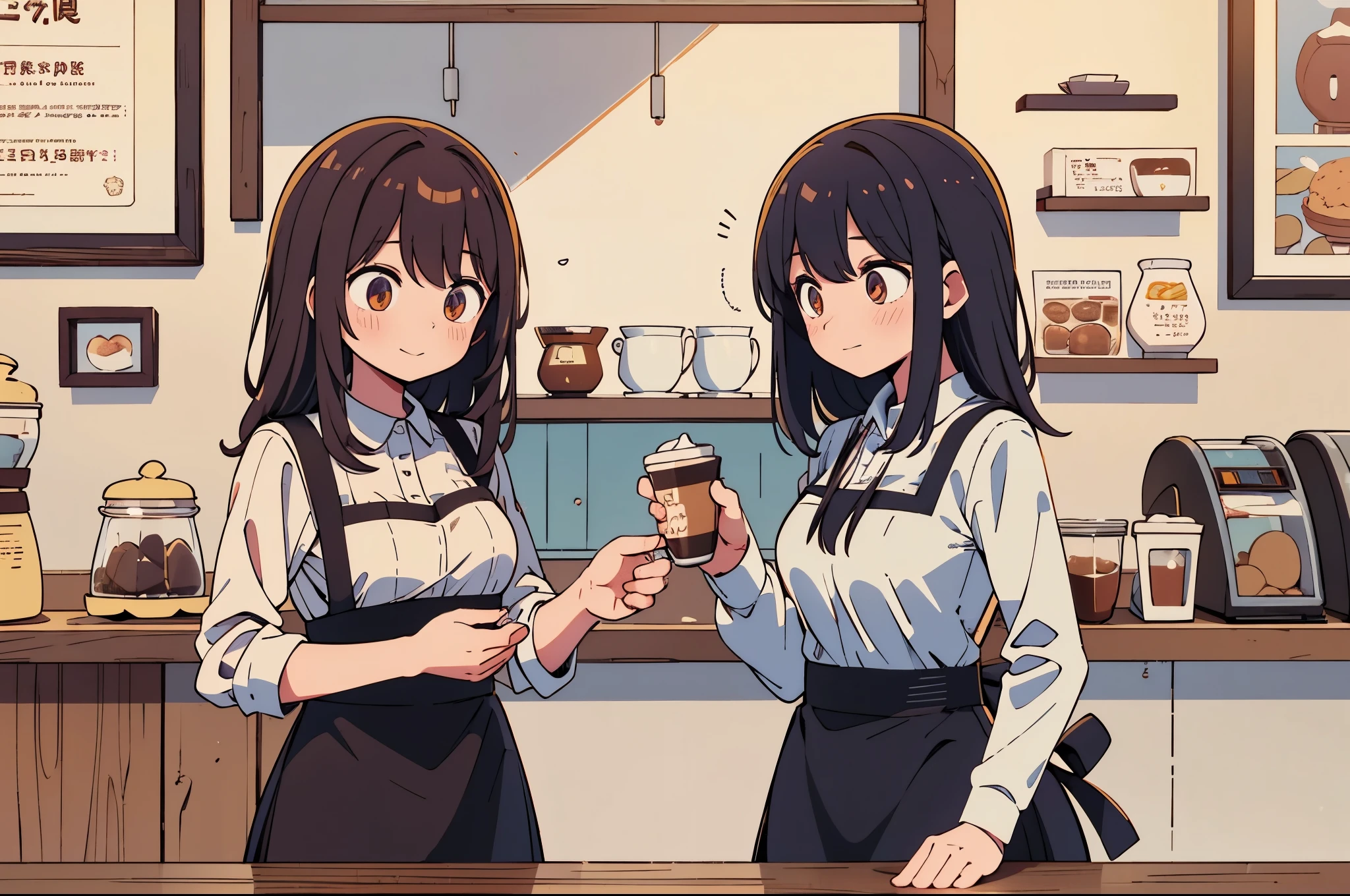 Coffee, cafe, chocolate, counter, two women, apron, Adachi and Shimamura, yuri, barista, sweet aroma, cozy ambiance, confectionery, intimate conversation, coffeehouse, romantic atmosphere, bakery, barista skills, heartwarming, coffee culture.