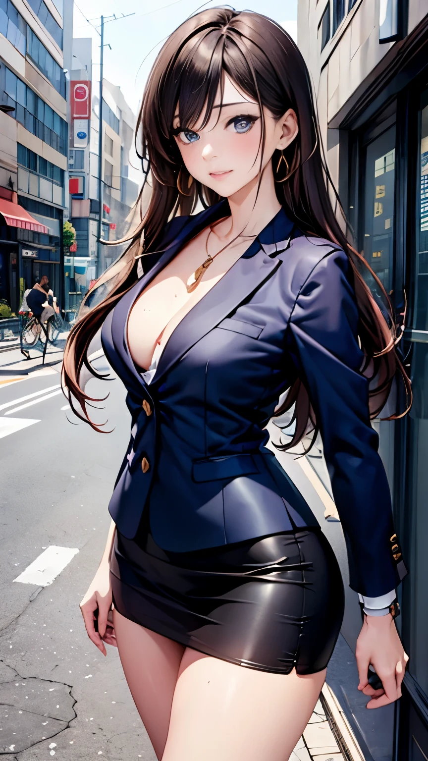 Woman in business clothes posing in the middle of a city street, 厳格なwearing a business suit, Smooth anime CG art, wearing a strict suit, Business service, in a strict suit, surreal , beautiful attractive anime woman, Photorealistic anime girl rendering, seductive anime girl, photorealistic perfect body, Renji Murata and Art Germ, wearing a business suit、mini skirt