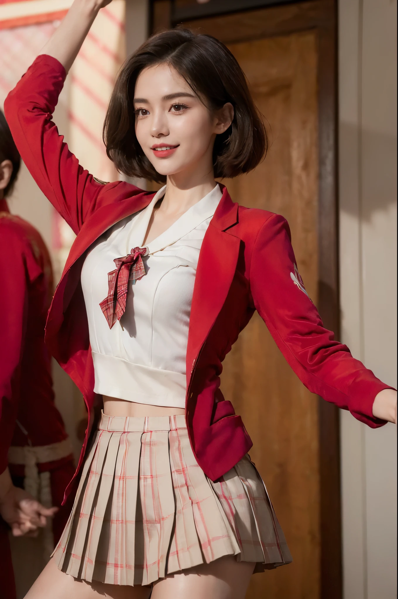 ((((8k))),((Extremely meticulous CG)),(wallpaper),16k,((Extremely refined and beautiful)),(((Masterpiece))),(((best qualtiy))),(((Ultra High Resolution))),beautiful light up,Perfect lightning,realistic shaded,(high resolution),(Smooth and flawless fair skin:1.5),(pale skin:1.3),Extremely exquisite facial details,(perfect body:1.1),ultra-detailed,a girl,solo,small head,(shoulder length straight bob hair:1.2),small face,Exquisite makeup,(slim,thin),(happy:1.2),(laughing:1.3),(small breasts:1.1),flat chest,(red suit jacket:1.5),(Windsor knot:1.3),(underneath the suit top was white collared shirt:1.3),(Red pleated plaid short skirt:1.4),(slender legs:1.2),(mid-length socks:1.2),(sneakers:1.1),(day scene:1.5),indoor,(At the entrance of a luxurious theater:1.3),(Spring Festival festive atmosphere:1.3),(detailed background:1.5),(upper body:1.3),(dancing:1.3),(Dynamic pose:1.2),(from back:1.3),(bright light:1.3),
