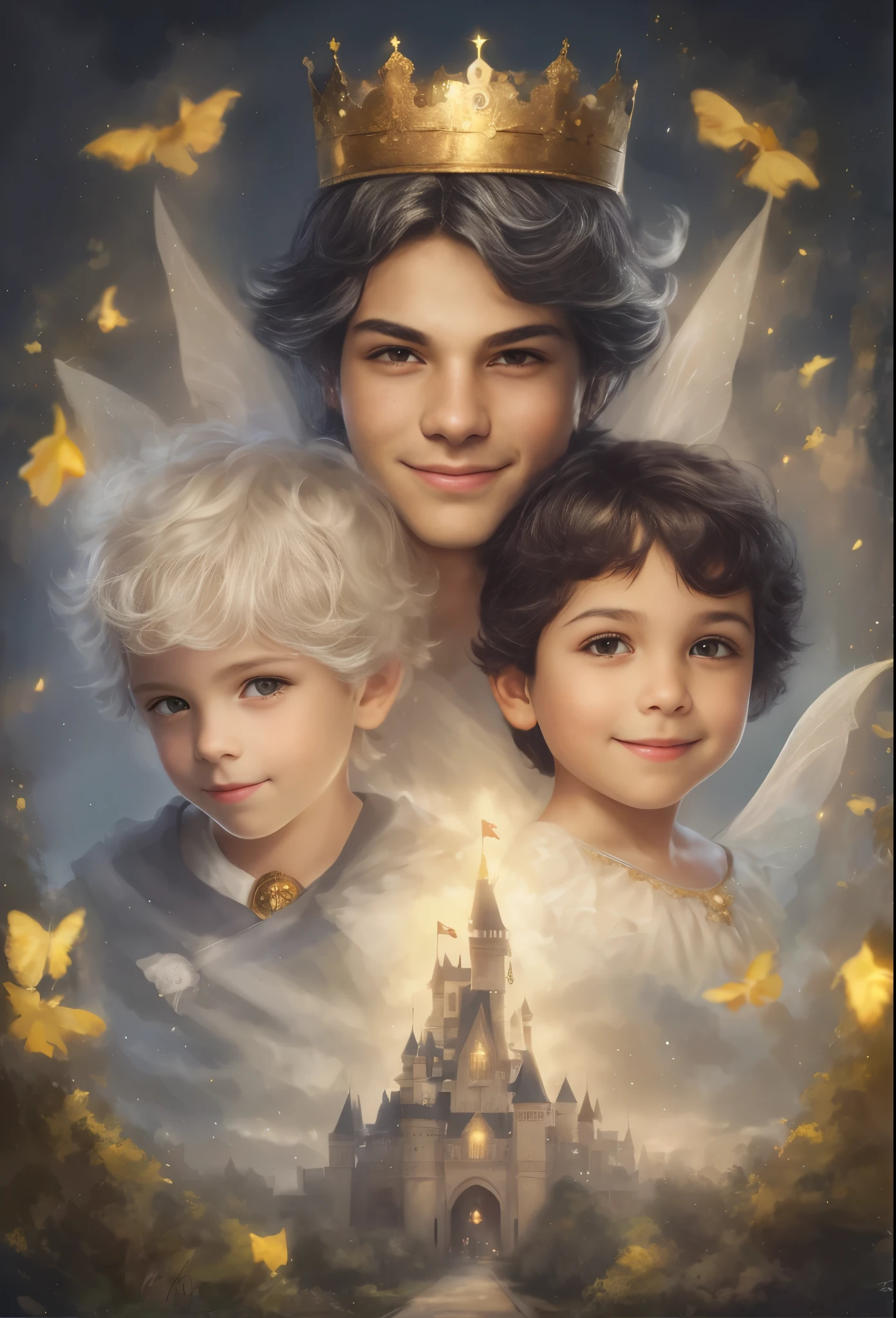 High resolution, portrait, boy and girl with dark hair, 8 years old, light gray hair, short haircut, yellow eyes, smile, crown, portrait, ballroom in the background, realism, fantasy