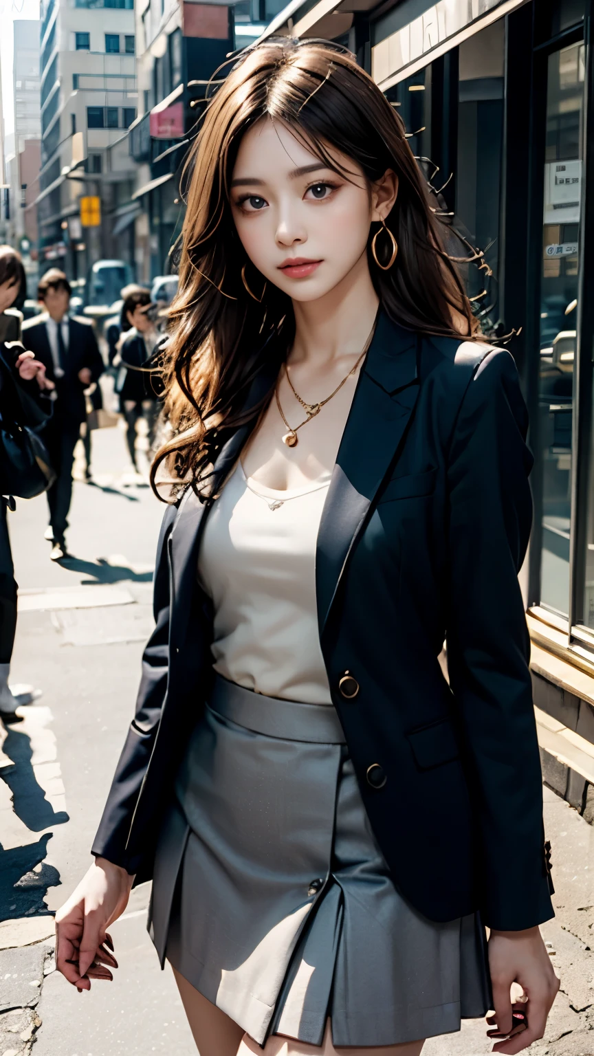 Woman in business clothes posing in the middle of a city street, 厳格なwearing a business suit, Smooth anime CG art, wearing a strict suit, Business service, in a strict suit, surreal , beautiful attractive anime woman, Photorealistic anime girl rendering, seductive anime girl, photorealistic perfect body, Renji Murata and Art Germ, wearing a business suit、mini skirt