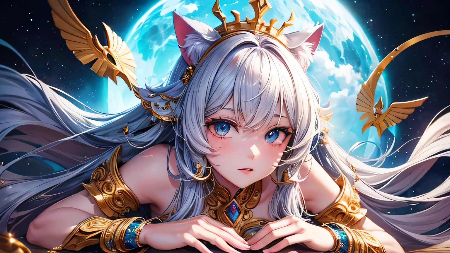 cat queen, divinity, celestial, detailed hands, beautiful face, shiny eyes, no morphing, beautiful detailed hands