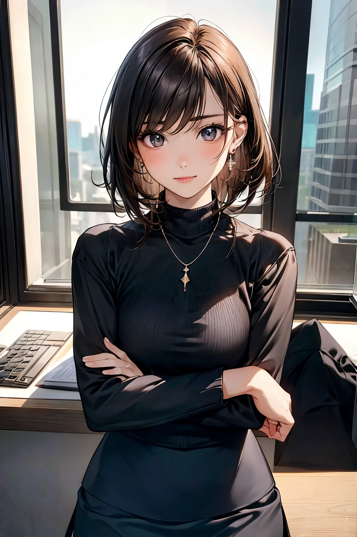 (masterpiece:1.2, top-quality), (realistic, photorealistic:1.4), beautiful illustration, (natural side lighting, movie lighting),
looking at viewer, full body, 1 girl, japanese, 20 years old, perfect face, perfect body, cute and symmetrical face, shiny skin, babyface, bare arms,
(short hair, straight hair, light brown hair), swept bangs, browb eyes, big eyes, drooping eyes(medium breasts, seductive thighs),
beautiful hair, beautiful face, beautiful detailed eyes, beautiful clavicle, beautiful body, beautiful chest, beautiful thigh, beautiful legs, beautiful fingers,
((symmetrical clothing, (black jacket, close jacket, black tight skirt), white turtleneck sweater), , necklace, earring), high heel,
(beautiful scenery), evening, (computer office), sitting, crossed arms, (smug face),