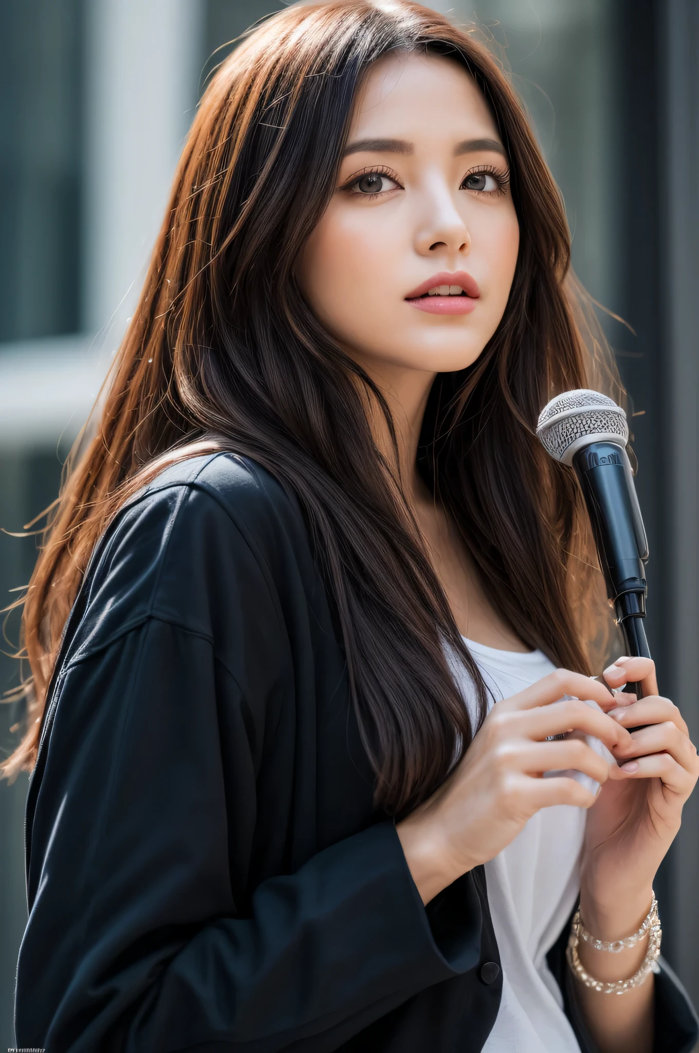 Sexy hermosa locutora、(Solo, 40 years old、cara hiperdetallada、labios detallados、Un ojo detallado、double eyelid、Cabello Bob Morena, Blazer amarillo claro、Camisas de vestir blancas、Mini falda micro ajustada)、Pick up the microphone in the city to deliver the news、(cuerpo glamoroso)、(tetas colosales)、escote del pecho、mano perfecta, Dedos perfectos, pecho perfecto, Ajuste perfecto, cuerpos perfectos, cara perfecta, Realismo de imagen perfecto, Antecedentes detallados, traje detallado, perfect lighting、Hiperrealismo、Fotorrealista、Maximum resolution of 8K, (masterpiece), muy detallado, profesional