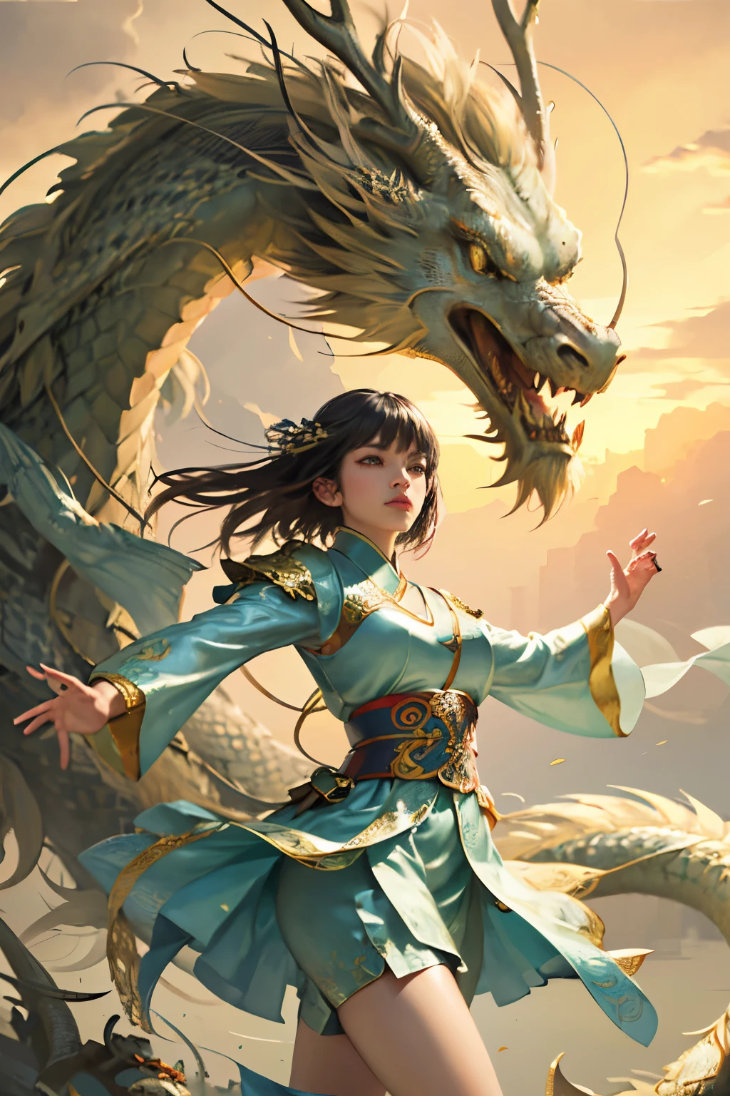 masterpiece, best quality, a girl dancing with a majestic china dragon, intricately detailed, vibrant colors, official art, unity 8k wallpaper, dynamic angle, graceful and powerful movement, gleaming scales, flowing mane, elegant swirls of smoke, ethereal and mystical, beautiful and aesthetic, zentangle-inspired dragon patterns, gold leaf accents, fluid and fluid motion, realistic and lifelike, photorealistic, seamless integration of girl and dragon, captivating and enchanting, exquisite detail in girl's attire, traditional Chinese motifs, expressive facial features, fluid hair, captivating and mesmerizing,
